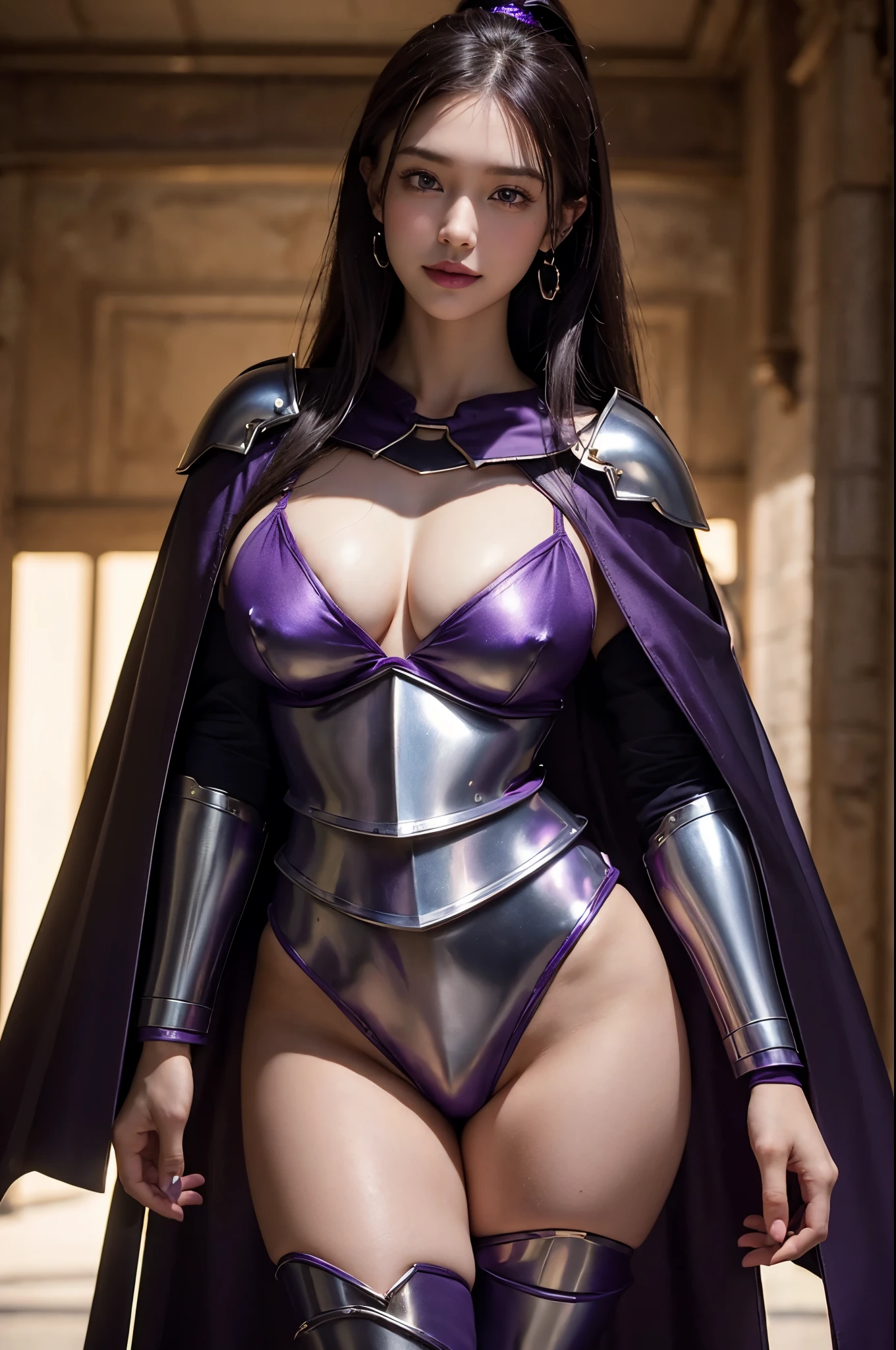 K, masterpiece, Raw photo, Best Quality, Photorealistic, Highly detailed CG Unity 8k wallpaper, depth of fields, Cinematic Light, Lens Flare, Ray tracing, (Extremely beautiful face, Beautiful lips, Beautiful eyes), intricate detail face, ((Ultra detailed skin)) 1girl in, In the Dark, deep shadow, charming Russian model Nata Lee, ((Looking at Viewer)), light blonde hair, (Ponytail), Beautiful and sexy young witch, (seducing smile), (Blurry background), (large boob:1.5), earrings, Bracelets, Necklace, Clear eyes, Castle rooms, holding a sword, Front shot, (pale skin), Face forward, (Big eyes), ((upper body shot)), (Camel toe, shape), ((Gorgeous (Dark purple metal armor) with a Dark purple cape design:1.5)), (Navel Ejection:1.5), ((seducing smile)), ((Camel toe)).