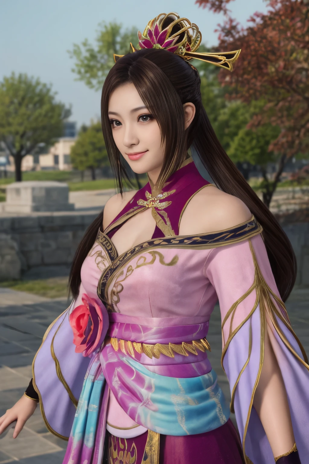 Diaochan from Sangoku Musou 8,masterpiece、1 cute girl、-yeld hischool stne eyes、puffy eyes、bright outdoors,Bright downtown、highest quality, 超High resolution, (reality: 1.4), movie lighting、Japanese、asian beauty、Korean、super beautiful、beautiful skin、body facing forward、whole body,Upper body、(超reality的な)、(High resolution)、(8K)、(very detailed)、(美しくfine eyes)、(Super detailed)、 (wall-)、detailed face、bright lighting、professional lighting、looking at the viewer、look straight ahead、slanted bangs、brown hair、Nogizaka idol、