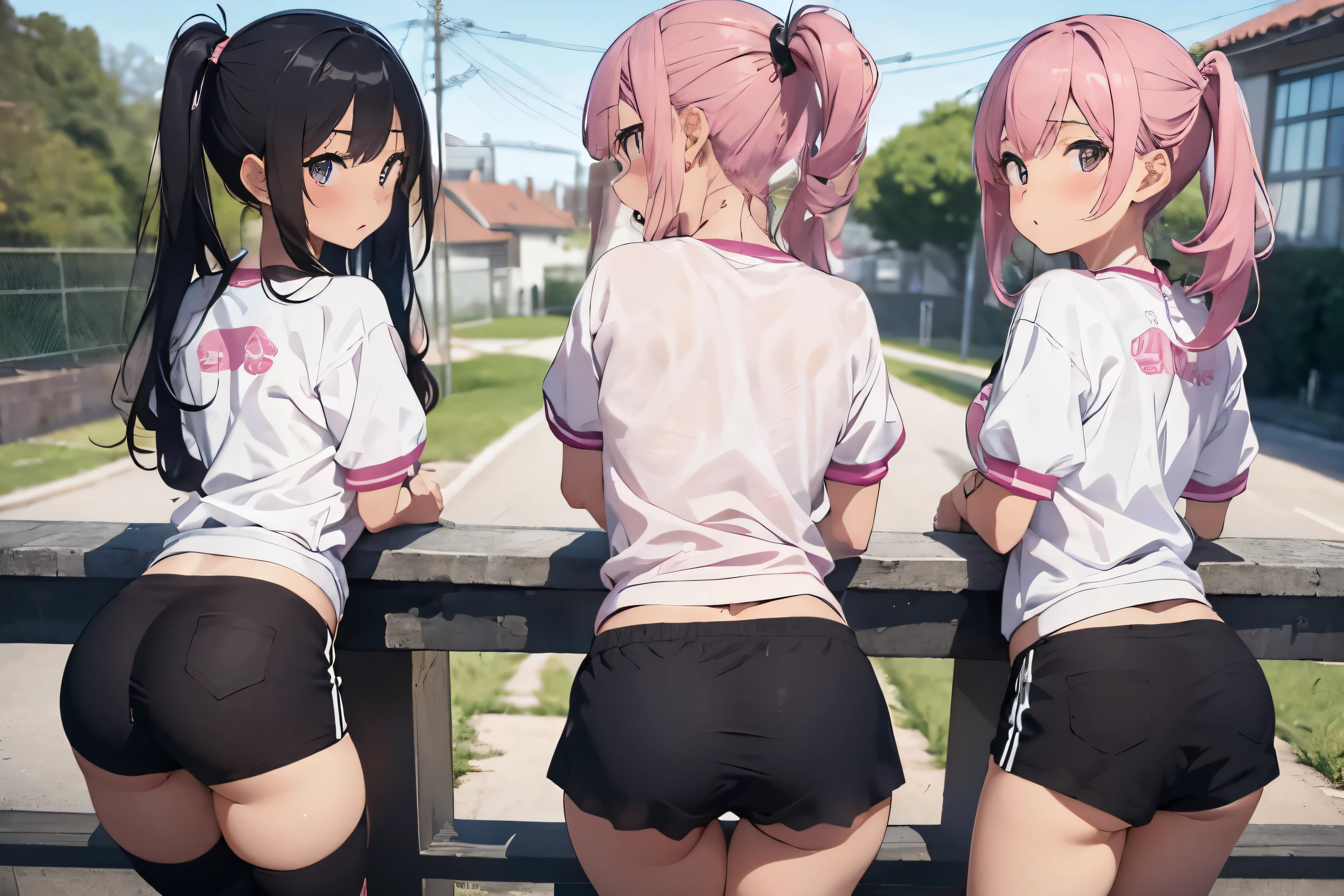 master piece,highest quality,Extremely detailed,8k CG,NSFW,
shoot from behind,
(three girls:1.4),(three girls perfect standing in a row surrounded by wall),bent down,(three girls perfect line up raise up butts without panties completely:1.4),(three girls gym wear,Pink buruma),
break,
(three girls looking back at viewer:1.4),blush,shy,ecstasy face,gasp,trembling,three girls pink hair,
break,
open your mouth,
sports hall,