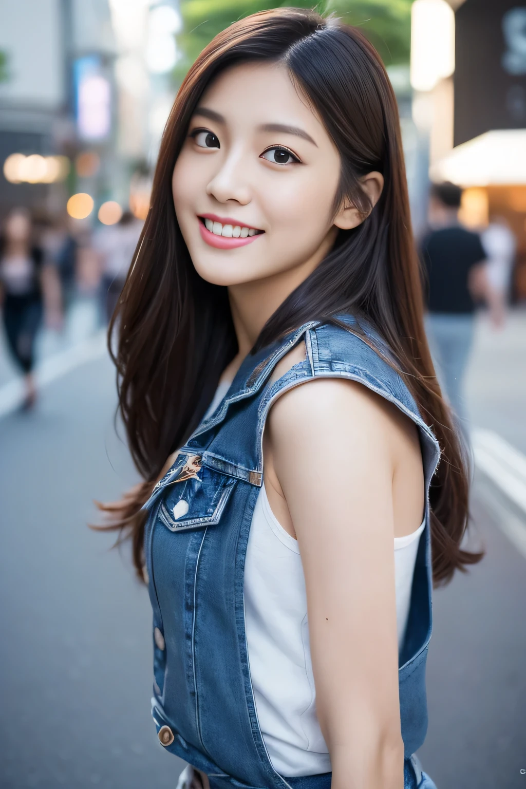 highest quality、shape、 Super detailed、High resolution、8k wallpaper、完璧なダイナミックな構shape,、beautiful and detailed eyes、medium hair、natural color lips、smile、Harajuku、20 year old girl、Check out the sexy shots from the lens、jeans