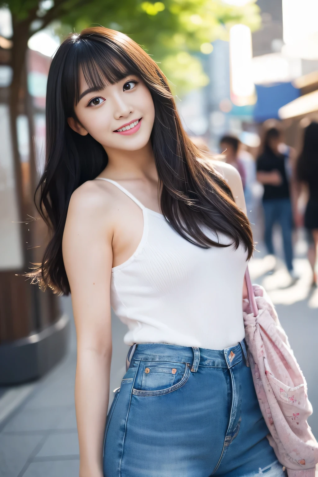 highest quality、shape、 Super detailed、High resolution、8k wallpaper、完璧なダイナミックな構shape,、beautiful and detailed eyes、medium hair、natural color lips、smile、Harajuku、20 year old girl、Check out the sexy shots from the lens、jeans