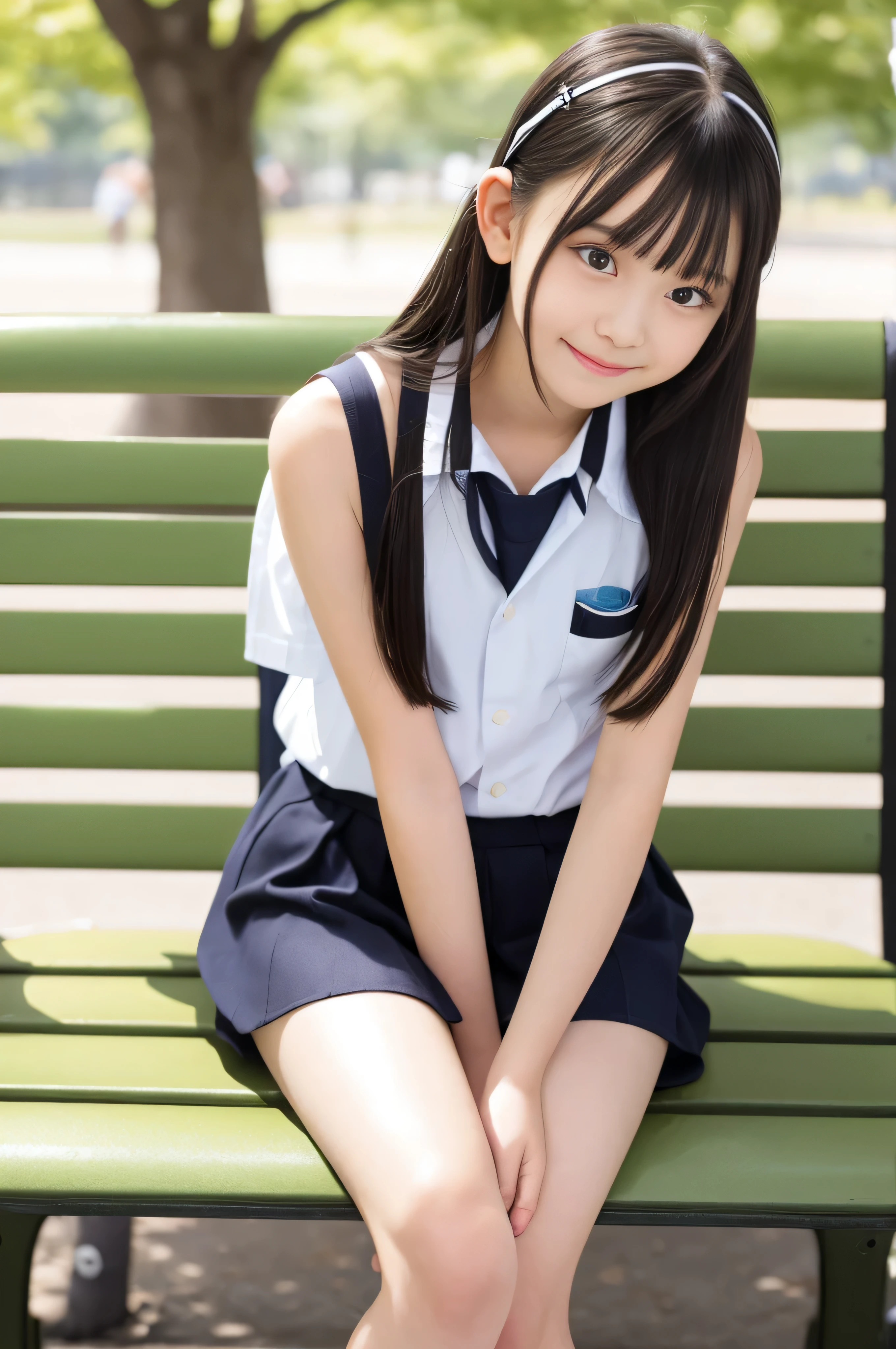 master piece, Best Quality,( Japan girl:1.5),(Looks like you're about to cry:1.3) ,(M-shaped legs spread on a park bench:1.8),(Summer clothes and hairpins for junior high  girls:1.8),eyes,(Small:1.7),(Smooth straight hair:1.5),(Slender body,Skinny Legs),A detailed eye,Very white skin,Letting down your bangs,Detailed body,Detailed hand,No makeup, Smile,
