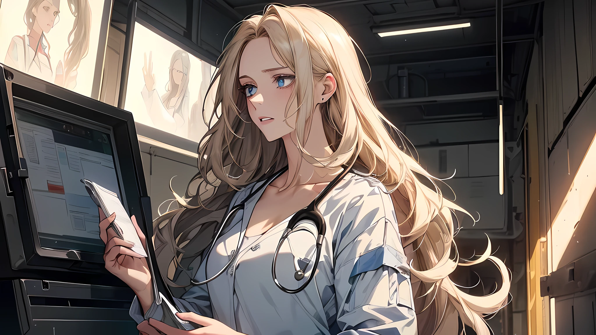 (masterpiece), (portrait), (aesthetic), (beautiful), (upper blody), (high quality), (Doctor clothings), (professional angle), (rule of thirds), (Feminine), (woman), (female), (beautiful),(feminine features), (21 years), solo, 1 woman, a medical doctor, (attractive American), Any, (Operation Room), (Day), (Soft light), , (Holding Medical Supplies ), ((Looking Down Face)), ((Compassionate)), (Natural Make-up), (Moderate Bust), (Medical Bag, Stethoscope), ((Very Long Hair)), (Brunette Hair), (Straight Hair), (Loose Waves hair), (- in Hair), (Wide Open Eyes), (Light Blue Eyes), (Caring and Strong Look), Fair skin, (Subtle Medical Details Clothing), (Combat Medic Uniform), (-), (Cargo Pants ), (V-neck Neckline), ((Military Base or Field Hospital background)), (Medium Shot), beautiful hands, two hands, normal hands, two arms, complete hands, beautiful body, beautiful fingers, normal fingers, five fingers, five fingers, beautiful ears, normal ears, beautiful eyes, shiny eyes, beautiful mouth, beautiful lips,