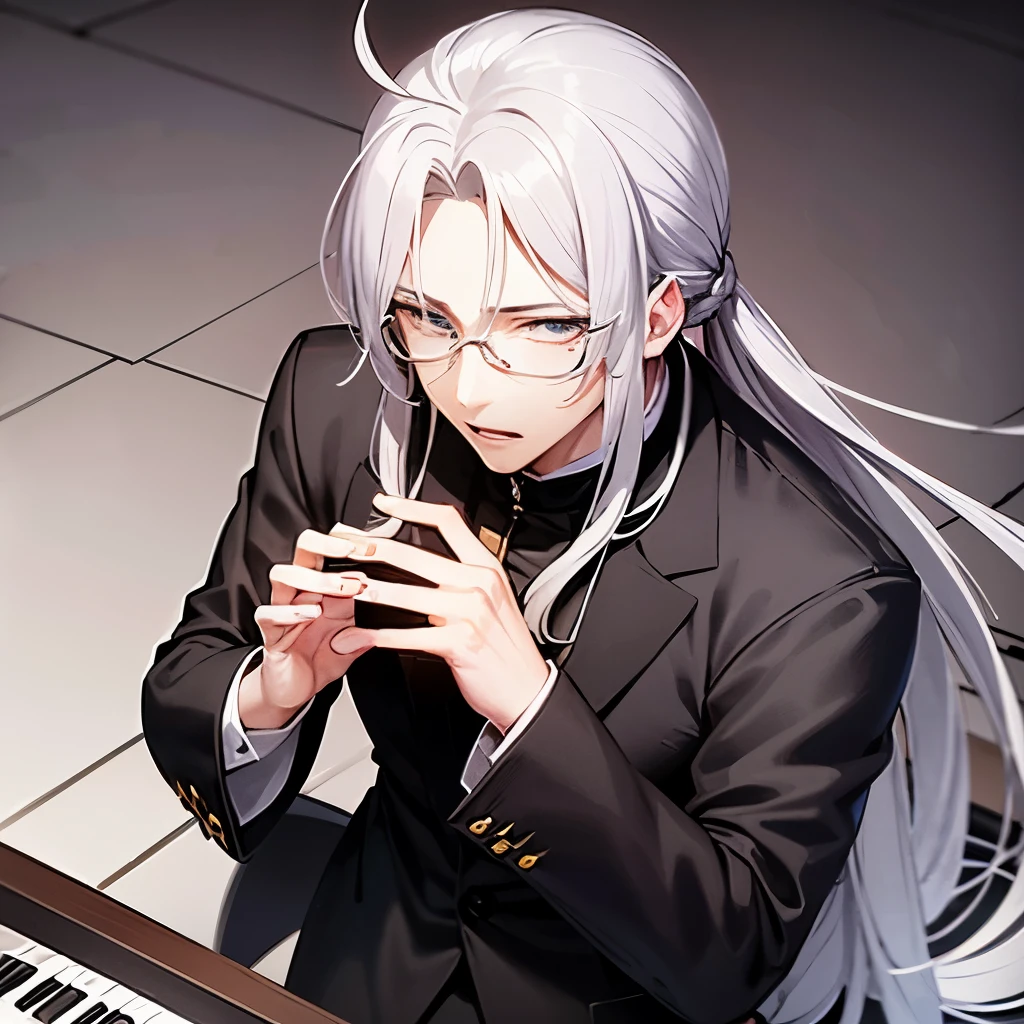 anime style、A tall Shinigami man with long gray hair tied loosely behind his back.、Playing the piano、Dressed like a priest、Neat and clean face、There is a small creature with a thin cat-like silhouette wearing a black mist on its shoulders.、I like pranks