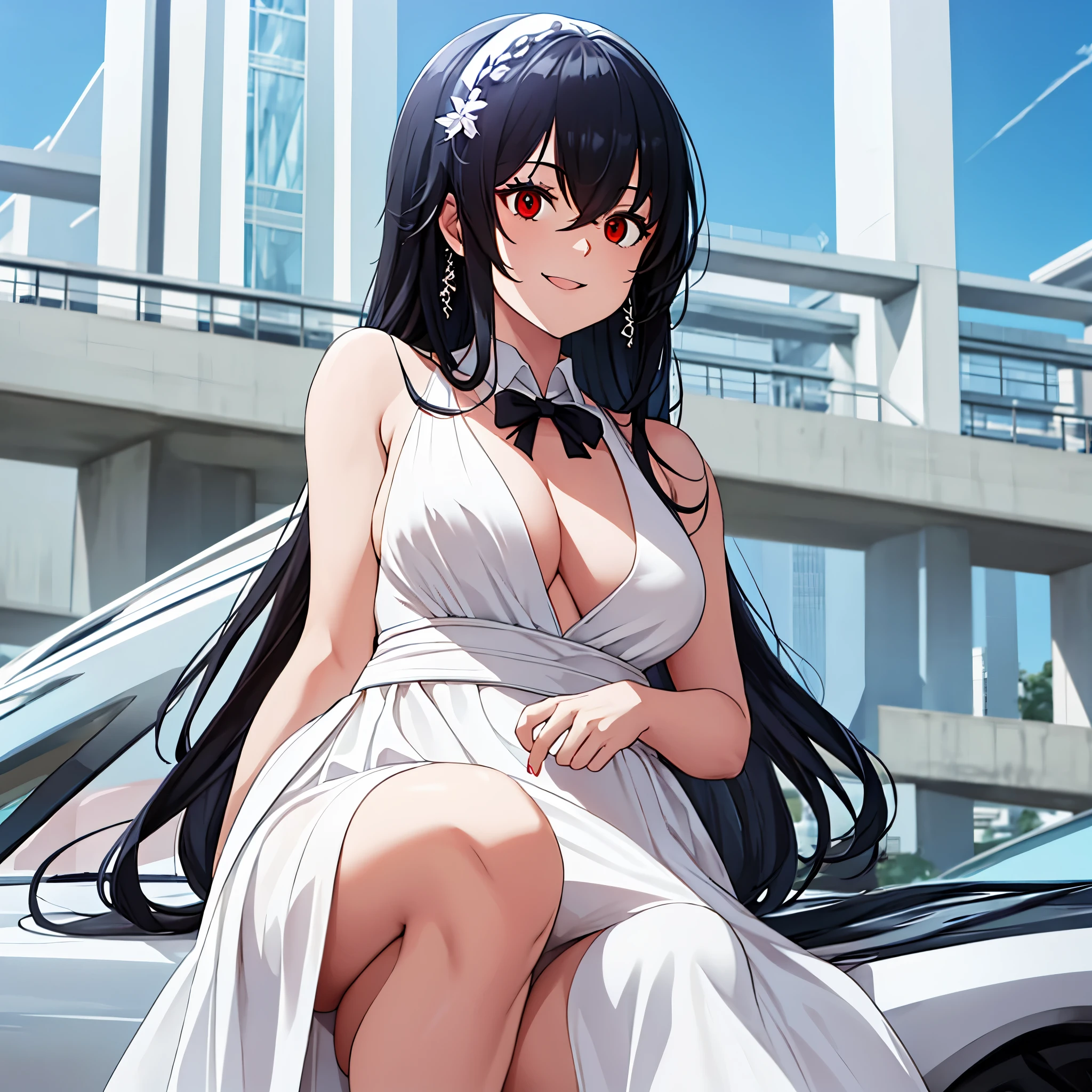 a woman in a sophisticated white dress in a large building, red eyes, smiling, hair black
