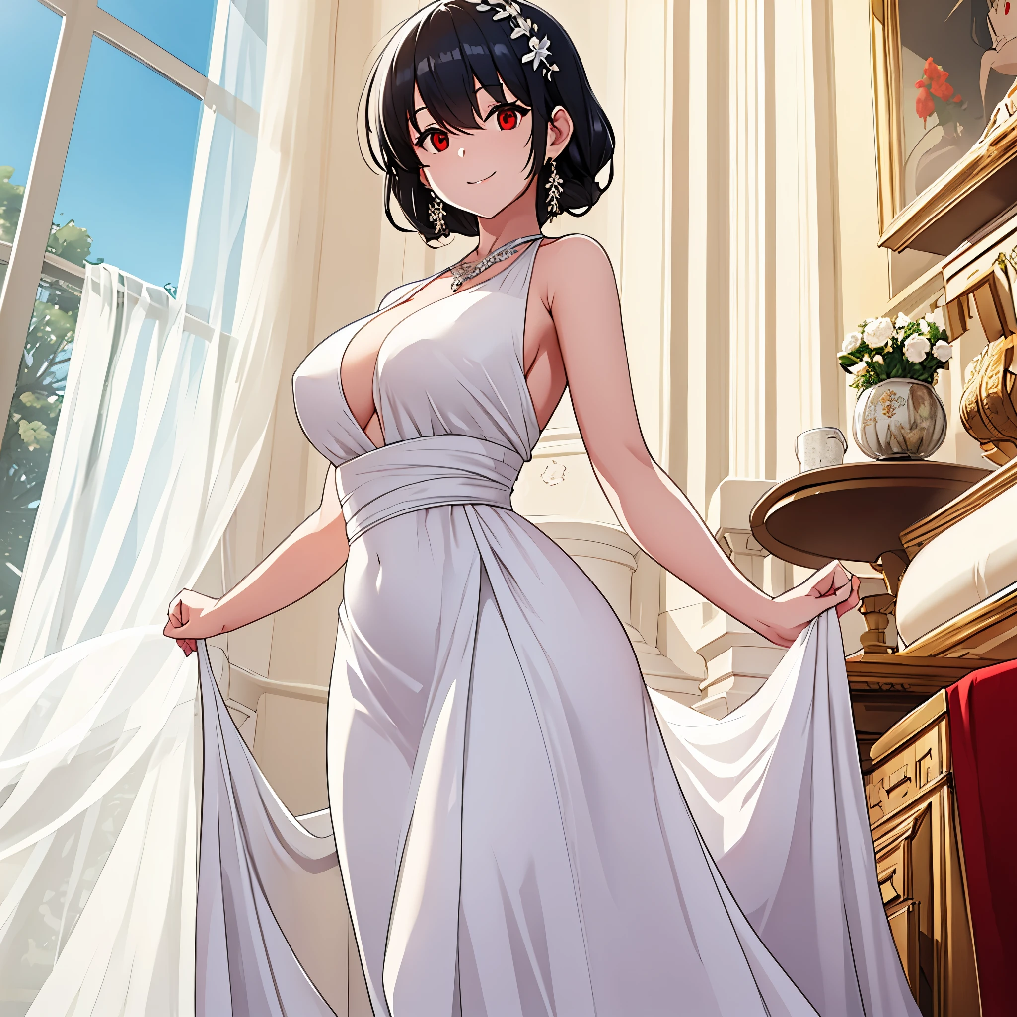 a woman in a sophisticated white dress in a large building, red eyes, smiling, hair black