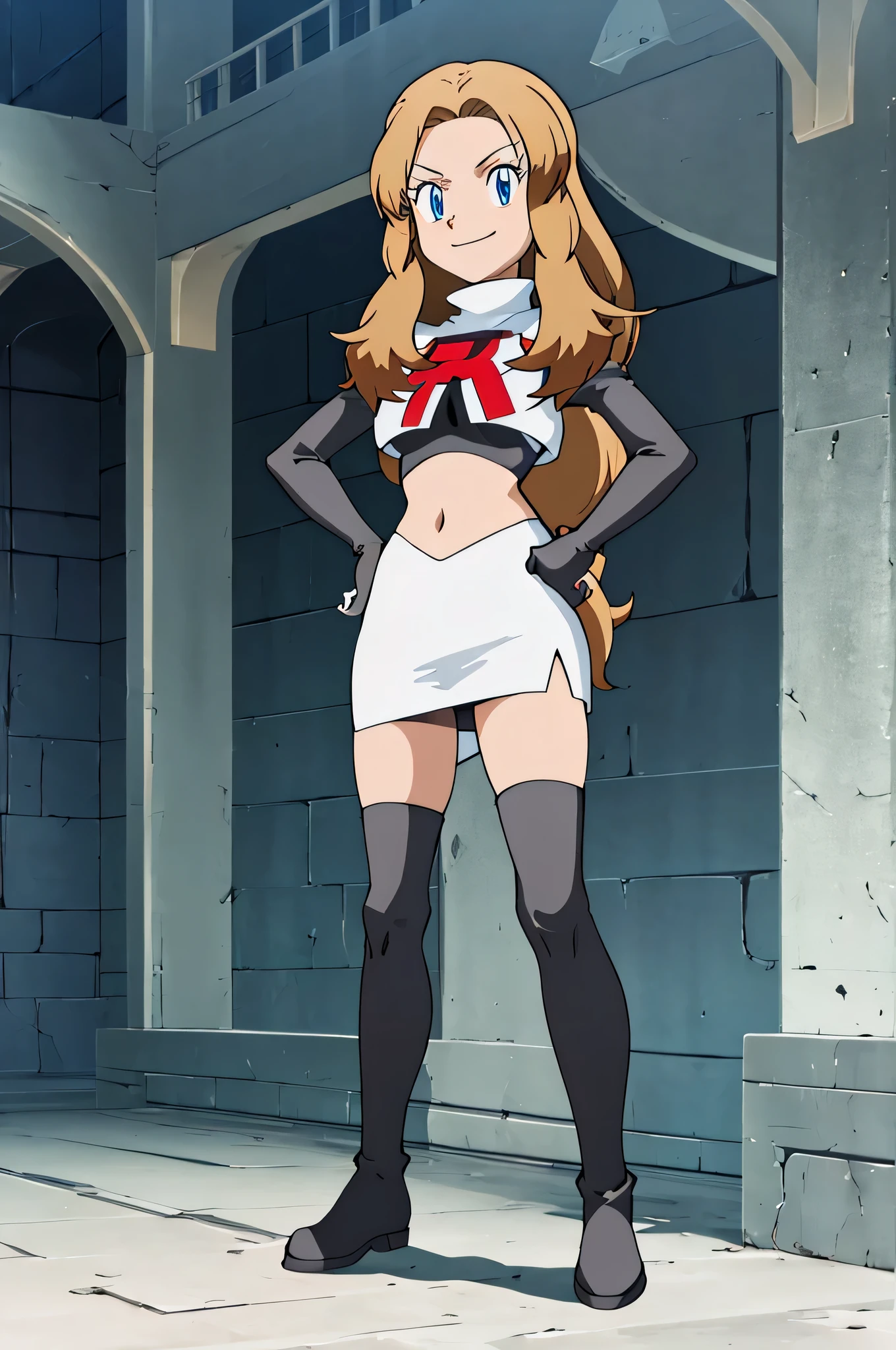 8k, anime screencap,1girl in, (solo:1.1), (perfect body:1.1), (best quality:1.1), very large breast, team rocket uniform, red letter r, white skirt,white crop top,black thigh-high boots, black elbow gloves, evil smile, looking down at viewer, hands on hips,zettai ryouiki,