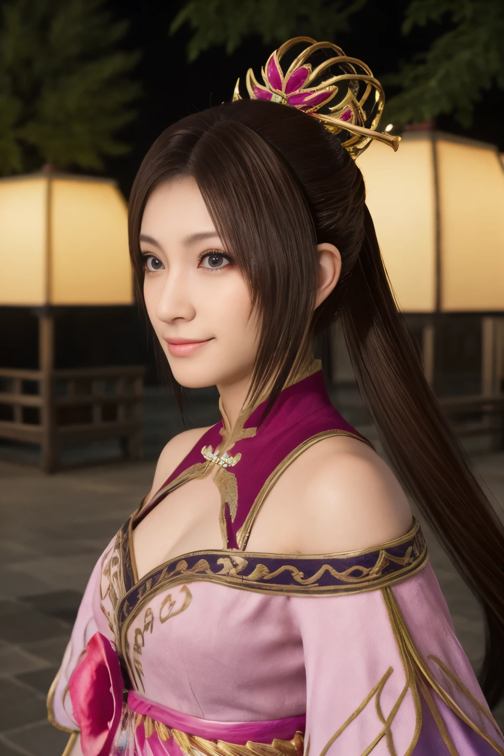 Diaochan from Sangoku Musou 8,masterpiece、1 cute girl、17-year-old high school student、smile,fine eyes、puffy eyes、bright outdoors,Bright downtown、highest quality, 超High resolution, (reality: 1.4), movie lighting、Japanese、asian beauty、Korean、super beautiful、beautiful skin、body facing forward、whole body,Upper body、(超reality的な)、(High resolution)、(8K)、(very detailed)、(美しくfine eyes)、(Super detailed)、 (wall-)、detailed face、bright lighting、professional lighting、looking at the viewer、look straight ahead、slanted bangs、brown hair、Nogizaka idol、