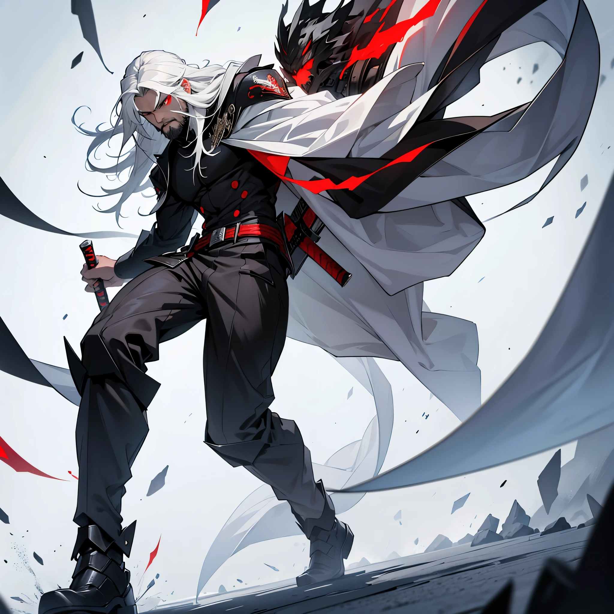 Man, Full body, white long hair, white full beard, 4k, detailed face, red eyes, steel sword, combat position, gray background, black suit,
