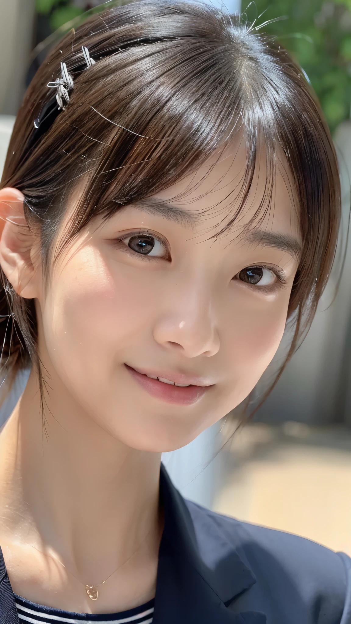 Ultra-realistic capture, Highly detailed, High resolution 16k close-up of human skin. Skin texture must be natural, With such detail that pores can be finely identified. Skin should look healthy, In a uniform tone. Use natural light and color,女子高生の制服,18歳の女子高生,きめ細かい白い肌,おっぱいシャープフォーカス,(夏のセーラー服,ネイビーブルーのミニプリーツスカートネイビーブルーのハイソックス,ローファー),seductive smile,