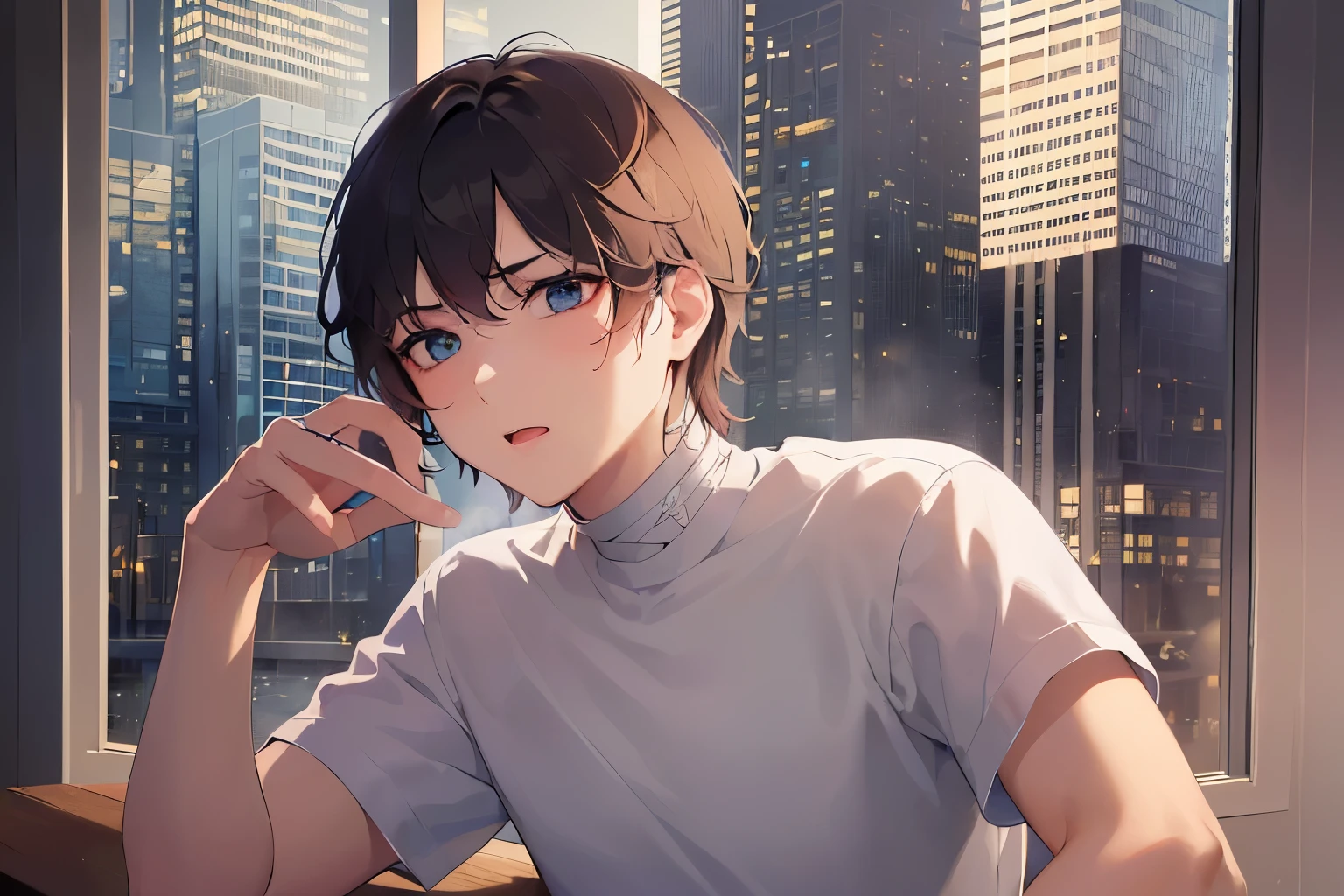 holding a phone, (lookin away:1.5), masterpiece、high quality、(25 year old man with short brown hair and blue eyes:1.5), wearing a white T-shirt、(Alone:1.5)、(confuse:1.1)、(bandage wrapped around the head:1.3)、(Only the upper body is visible.:1.3)、be in the living room、bold composition、