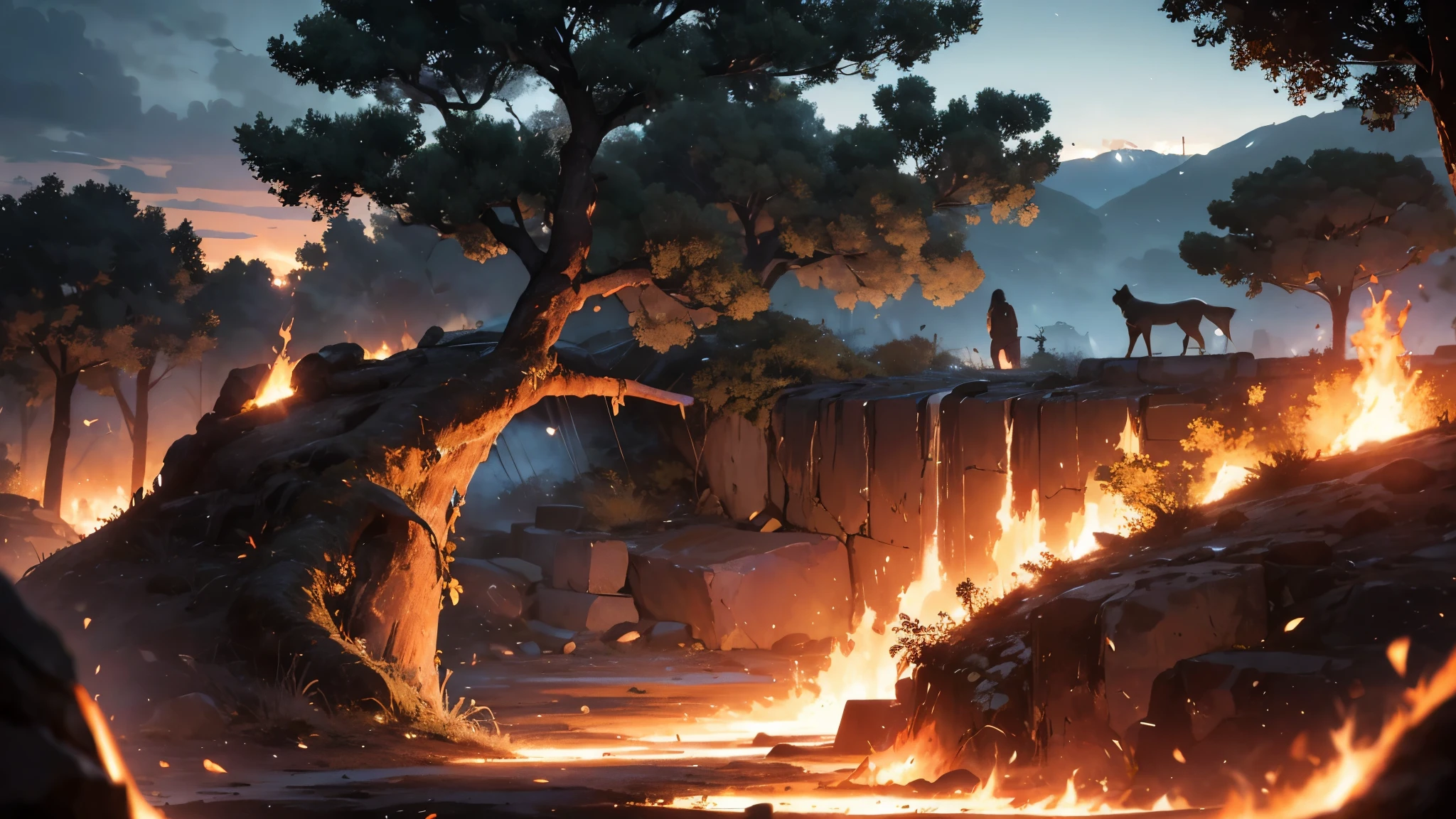 Cinematic lighting, (depth of field) , Ultra HD, (trunk), (realistic background), stony ground with many dry branches sticking out of the ground, hot lava coming out of the ground (volcano lava everywhere), dry and burnt vegetation, building in the background similar to the temple of Aphrodite in ruins, rocks everywhere, buildings in ruins, war scene from the apocalypse, night sky with orange clouds reflecting the fire on the ground.
