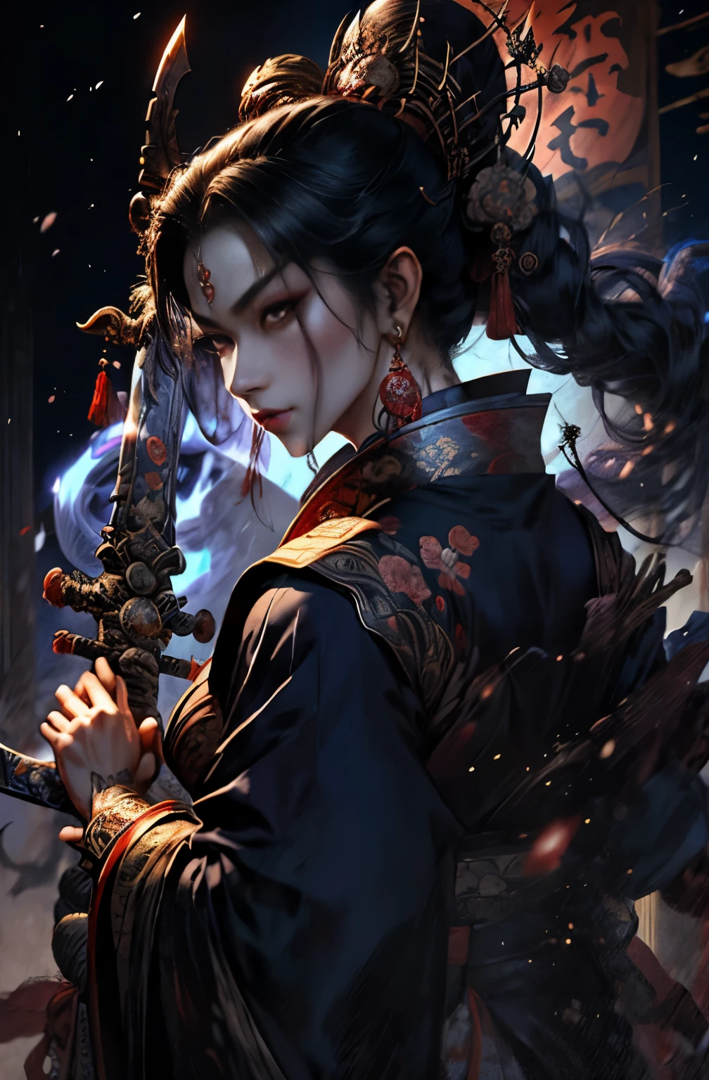 beautiful demon painting, demon woman with a sword, demon woman with a sword, strong female samurai, ２book corner, mouth with fangs, Eyes without pupils, gambling, Kumatori, Hyakka Ryōran, Flower of Shura, Looks like he&#39;s in his late 20s, beautiful black haired demon, sharp beauty, Beautiful red kimono, Dr. Moonlight, Oiran, highest ranking woman, Ghost Girl, Female Yakuza, Doji Ibaraki, Shuten Douji, Inspired by Chen Yifei, Inspired by Francesco Hayez, Inspired by Hendrik Terbruggen, Jean＝Works that influenced Auguste Dominique Ingres, Inspired by Liu Jun, Jean＝Works that influenced Auguste Dominique Ingres, highest quality, perfect angle, perfect composition, The perfect subject, best shot, official art, cinematic light, figurative art, Beautiful and expressive paintings, Beautiful artwork illustration, wonderful, cool beauty, clear, Mysterious, highest quality, official art, perfect composition, perfect angle, best shot, women only, sharp outline, pretty much beautiful face, The demon lurking in the darkness of Kyoto, Lord of Chimi-Mourou, A ruthless demon woman, demon queen, Female Yakuza, full body tattoo, wide, Rashomon, SakuraFubuki, Please refrain from, I&#39;ll let you die, raid, woman&#39;s asura, spirits, Hero, divine power, demon of strength, demon&#39;s strength, inhuman power, Unrivaled strength, Showa Zanpakuden