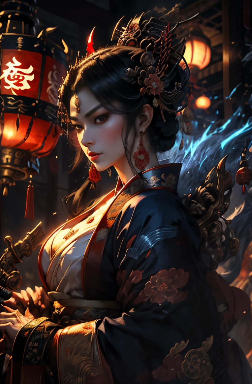 beautiful demon painting, demon woman with a sword, demon woman with a sword, strong female samurai, 2book corner, mouth with fangs, Eyes without pupils, gambling, Kumatori, Hyakka Ryōran, Flower of Shura, Looks like he's in his late 20s, beautiful black haired demon, sharp beauty, Beautiful red kimono, Dr. Moonlight, Oiran, highest ranking woman, Ghost Girl, Female Yakuza, Doji Ibaraki, Shuten Douji, Inspired by Chen Yifei, Inspired by Francesco Hayez, Inspired by Hendrik Terbruggen, Jean=Works that influenced Auguste Dominique Ingres, Inspired by Liu Jun, Jean=Works that influenced Auguste Dominique Ingres, highest quality, perfect angle, perfect composition, The perfect subject, best shot, official art, cinematic light, figurative art, Beautiful and expressive paintings, Beautiful artwork illustration, wonderful, cool beauty, clear, Mysterious, highest quality, official art, perfect composition, perfect angle, best shot, women only, sharp outline, pretty much beautiful face, The demon lurking in the darkness of Kyoto, Lord of Chimi-Mourou, A ruthless demon woman, demon queen, Female Yakuza, full body tattoo, wide, Rashomon, SakuraFubuki, Please refrain from, I'll let you die, raid, woman's asura, spirits, Hero, divine power, demon of strength, demon's strength, inhuman power, Unrivaled strength, Showa Zanpakuden