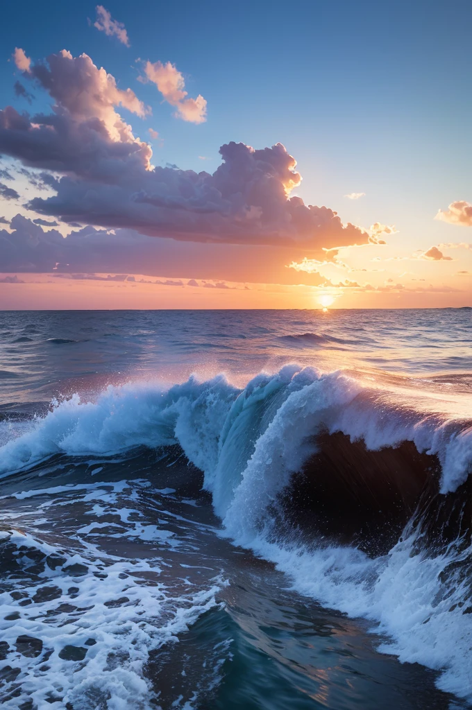 sunset, landscape, water, (Highly detailed CG Unity 8K wallpaper), the most beautiful works of art in the world, professional majestic oil painting, Complex, high detail, clear focus, dramatic, Realistic Painting Art, blue sky.