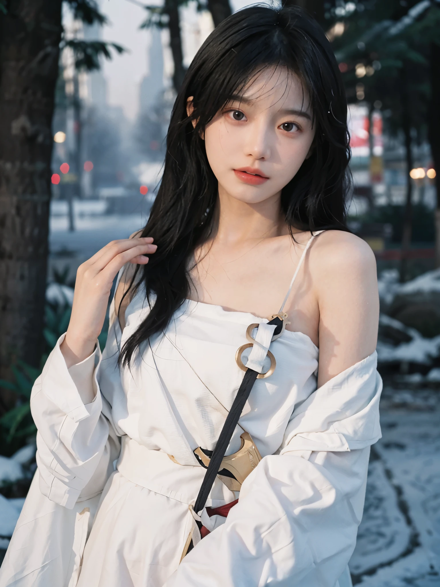 Film portrait photography, 2 girls, bare shoulders, Shoulder length wavy hair, White coat，Snow white sling， (Realistic and detailed eyes, natural skin texture, Realistic facial details),, depth of field, Bokeh, Vibrant details, Detailed and detailed, Surrealism, 35mm film, hazy, ,self-shot，