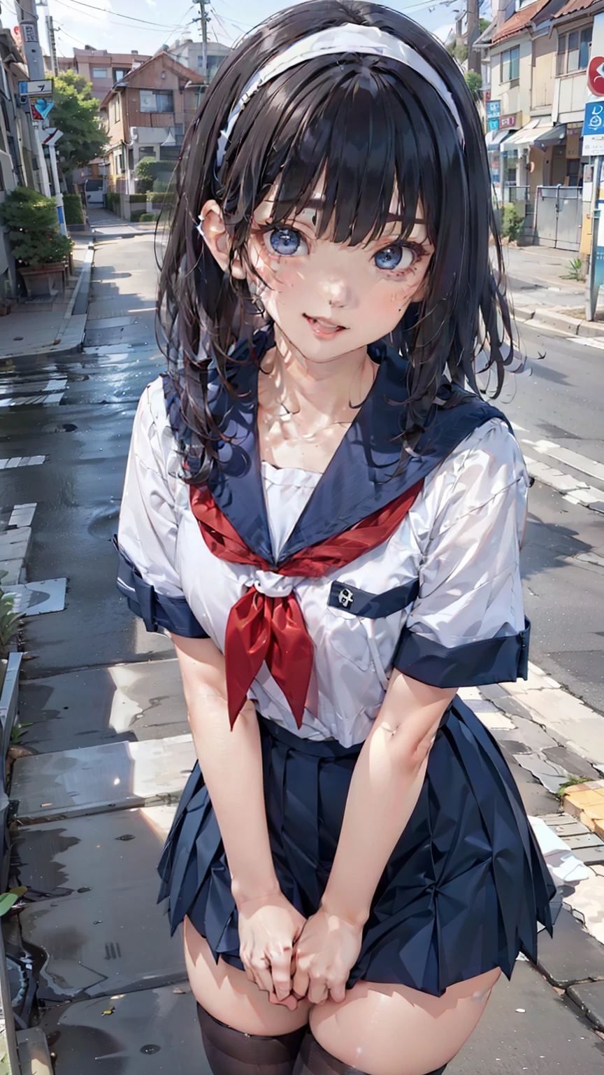 sailor suit, one woman, (a beauty woman, delicate :1.3), black hair, medium long straight hair, Bangs Patsun, 8K, highest quality, masterpiece, Super detailed, ultra high resolution, realistic, RAW photo, absolute resolution, small face compared to body (4:1), very small face (4:1), The face is balanced, black hair, sailor suit, Dark blue skirt, realistic女子高生, ((white headband)), small breasts, tall, slanted eyes, light blue eyes, (In front of the school gate), (black stockings), open your mouth, smile, position looking down from above, stand, hold a bag with both hands, 