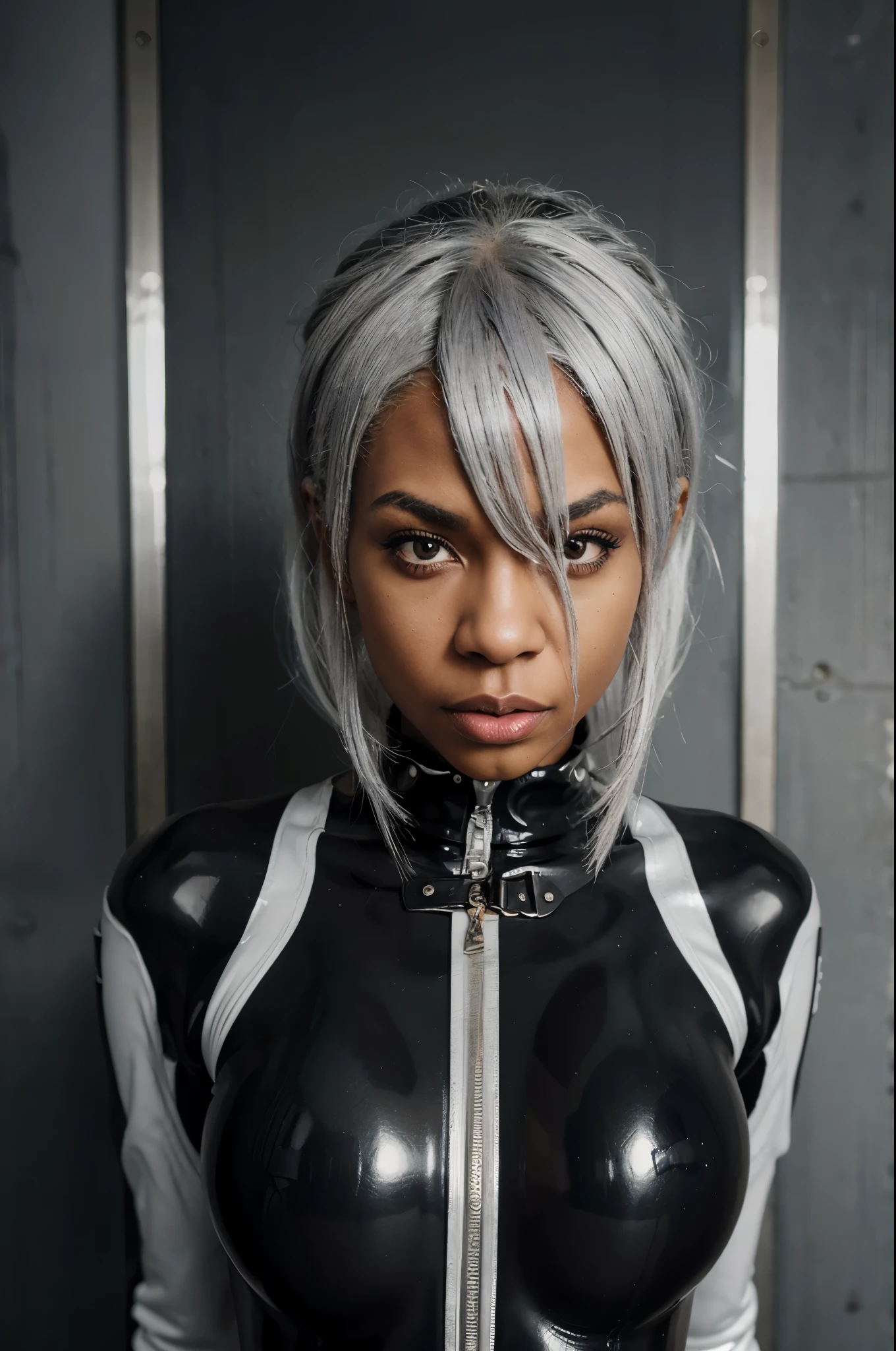 very sexy 18 year old black girl wearing a latex catsuit , silver hair, grey hair, white hair, raised eyebrows, naughty, naughty face, evil, oral invitation, UHD, masterpiece, ccurate, super detail, textured skin, anatomically correct, high details, best quality, highres, 4K