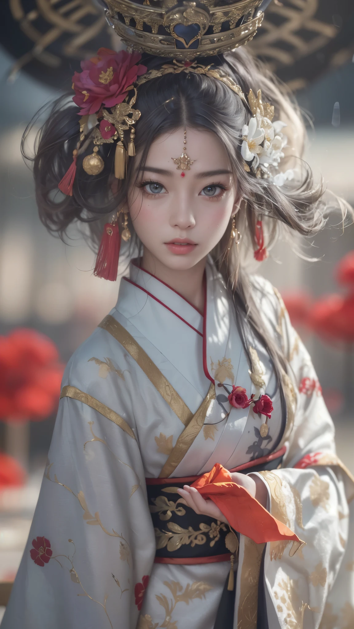 Super high quality, masterpiece, perfect illustration, extreme detail (exquisite light and shadow, highly dramatic picture,) Stroke, 1 girl, solo, (wearing red, black and white Hanfu,) flower field, flowers, (white smoke:1.3), (Realistic:1.4), Zen entanglement, tangled, epic scene, official art, Unity 8k wallpaper, super detailed, beautiful and beautiful, masterpiece, best quality, (dynamic angle: 1.4), glowing skin, (floating colorful flashes: 1) the most beautiful chaotic forms, elegant, brutalist design, Bright colors, romantic depth of field exotic_dance, half_naked, Background with((ancient city:1.2)And the moon、(dense background:1.5))、BREAK {{{Luxury kimono(Colorful kimono(Detailed golden embroidery,))}}}、face perfect,Depict a beautiful and graceful woman of Japan,poneyTail、Woman with shiny black hair、perfect hand,Heart in the eye。odd eye,full body Esbian,Blur the background with a sickle,((masutepiece)), ((Best Quality))Wallpapers 16K, .Blur the background with a sickle,BREAK,((masutepiece)), ((Best Quality)),epicd(Lige Fries Photography、sony a7、50 millimeters、pores:1.5、Farbe、ultra-detailliert:1.5、film grains:1.4、hyper realisitic:1.5)、octan render、 ultra realistic lifelike textures、​masterpiece、unrealengine5、the Extremely Detailed CG Unity 8K Wallpapers、Madly detailed photo、Ultra-realistic light、(Pulitzer Prize for Best Photography、Taylor Wessing Award for Best Photography) Potrait girl with bokeh background, long dresss, women with long dress focus on girl, natural skin oil masterpiece, ((face realistic: 1.4)), zeus 23mm f2 realistic, beautiful oil face skin, little oil face reflection, realistic skin, realistic hair, realistic fantasy hair masterpiece, realistic face masterpiece, realistic all object, blur depht of field, fireflies