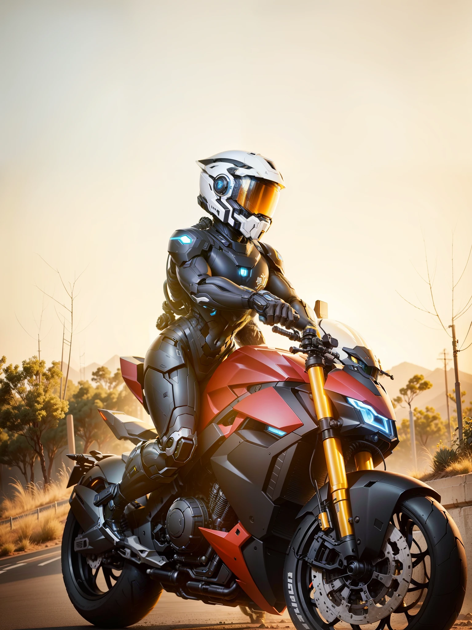 Handsome full body black mecha white short hair cyber handsome warrior, Black Cyber Mechanical Motorcycle, High-tech black full-face helmet, white short hair, nour, biology, MSHN people, High-tech helmet, Surrealism, steel, complex design, Crazy details, Exquisite details, The lines are extremely clear, Cinema lighting, photorealism, detailed masterpiece