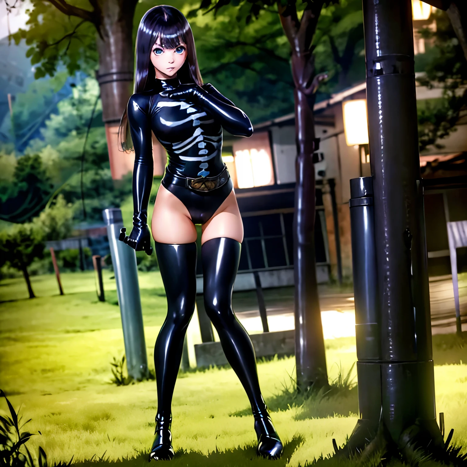 ultra-detailed, Explicit, Beautiful body, Beautiful Nose, Beautiful character design, perfect eyes, perfect face, ultra highres, 4K, beautiful legs, perfect legs, Nice hands, Perfect hand, Masterpiece, Best Quality, Highly detailed, illustration, absurdres, perfect anatomy, expressionless, blank eyes, looking at viewer, emotionless, black latex, corrution, mind control, female combatant, full body, hypnotized, unhappy trance, full body suit, ribbed bodysuit, both arms at side, obey, perfect female body, extremely glossy latex, hypnosis, hypnoLora, empty eyes, Mind control device, poses, submissive_pose, Slave, stand up straight, standing, standing at attention, belt, latex, ribbed bodysuit, Fighting Stance, hair ornaments, black hair, long hair, blue eyes, (((pixel-perfect, detail-perfect))), solo, 1girl, Kasuga Shiho, Blue Reflection, ShockerSuit, black Bodysuit, belt, black thighhighs, leather boots, leather gloves