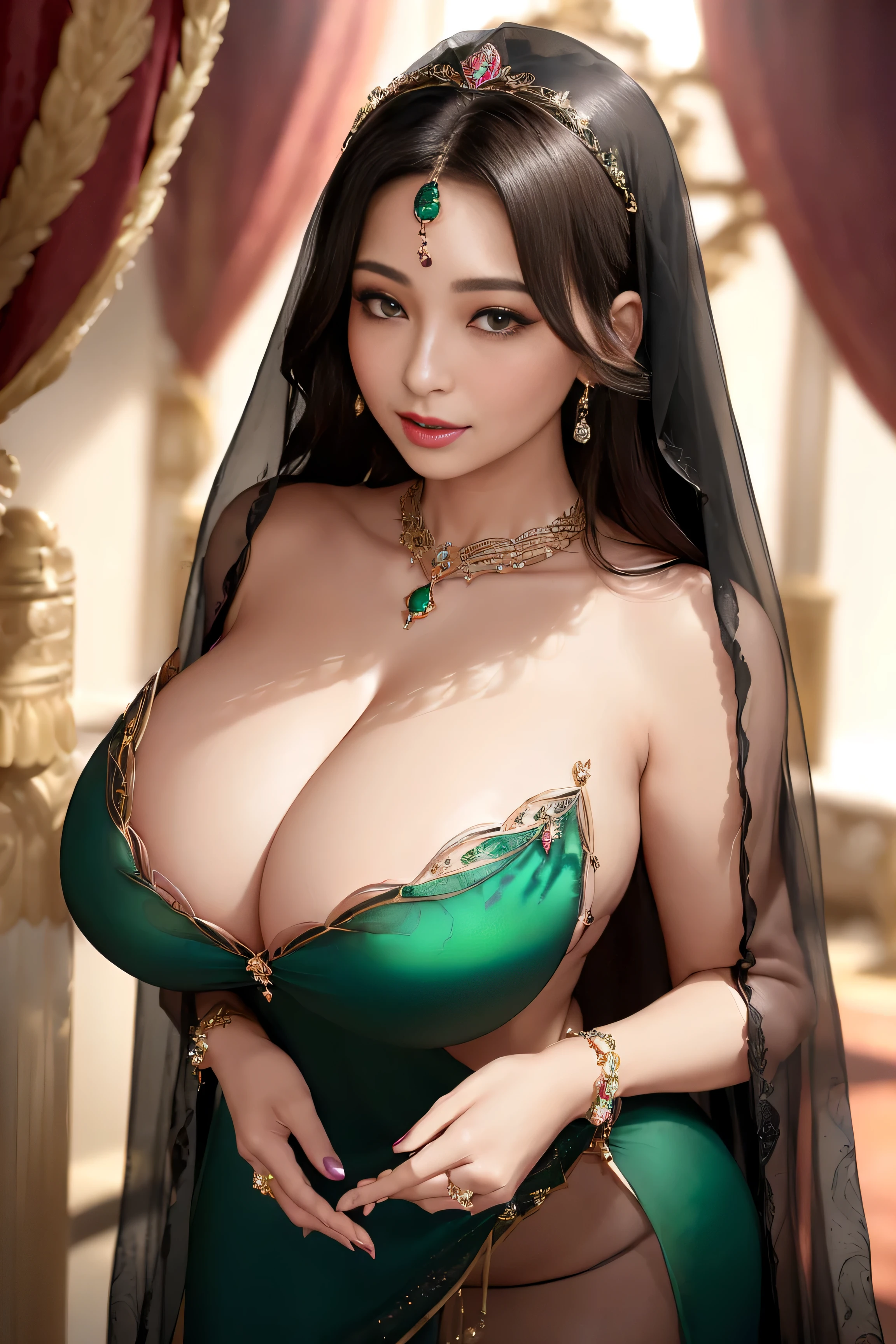 (latina mature)、Beautiful woman、(40 years old)、majestic queen、In the palace、big breasts、(はち切れんばかりのbig breasts)、Wearing a richly decorated mysterious veil、(emerald green see-through dress:1.1)、put on silk gloves、Full-length, voluminous pieces decorated with mysterious embroidery and jewels.、Wearing mysterious gorgeous jewelry、She is wearing a gorgeous hair ornament that sparkles with mysterious jewels.、blush cheeks、With a bewitching smile、showing cleavage, Looking at Viewer、perfect hands