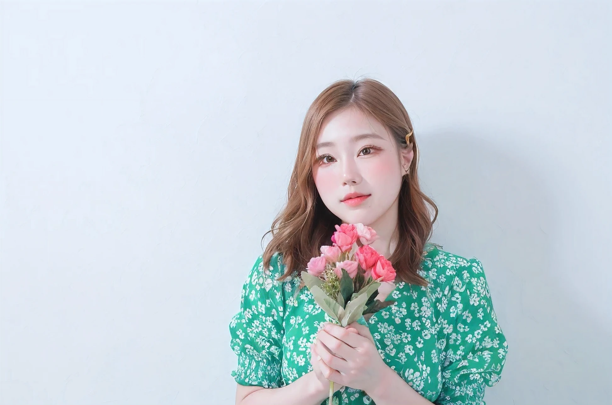 there is a woman holding a bouquet of flowers in her hand, with flowers, a cute young woman, have flowers, a young asian woman, young asian woman, with flowers, female portrait with flowers, Photographed with canon eos 5 d mark iv, japanese related with flowers, cute young woman, a cute and beautiful young woman, white background : 3