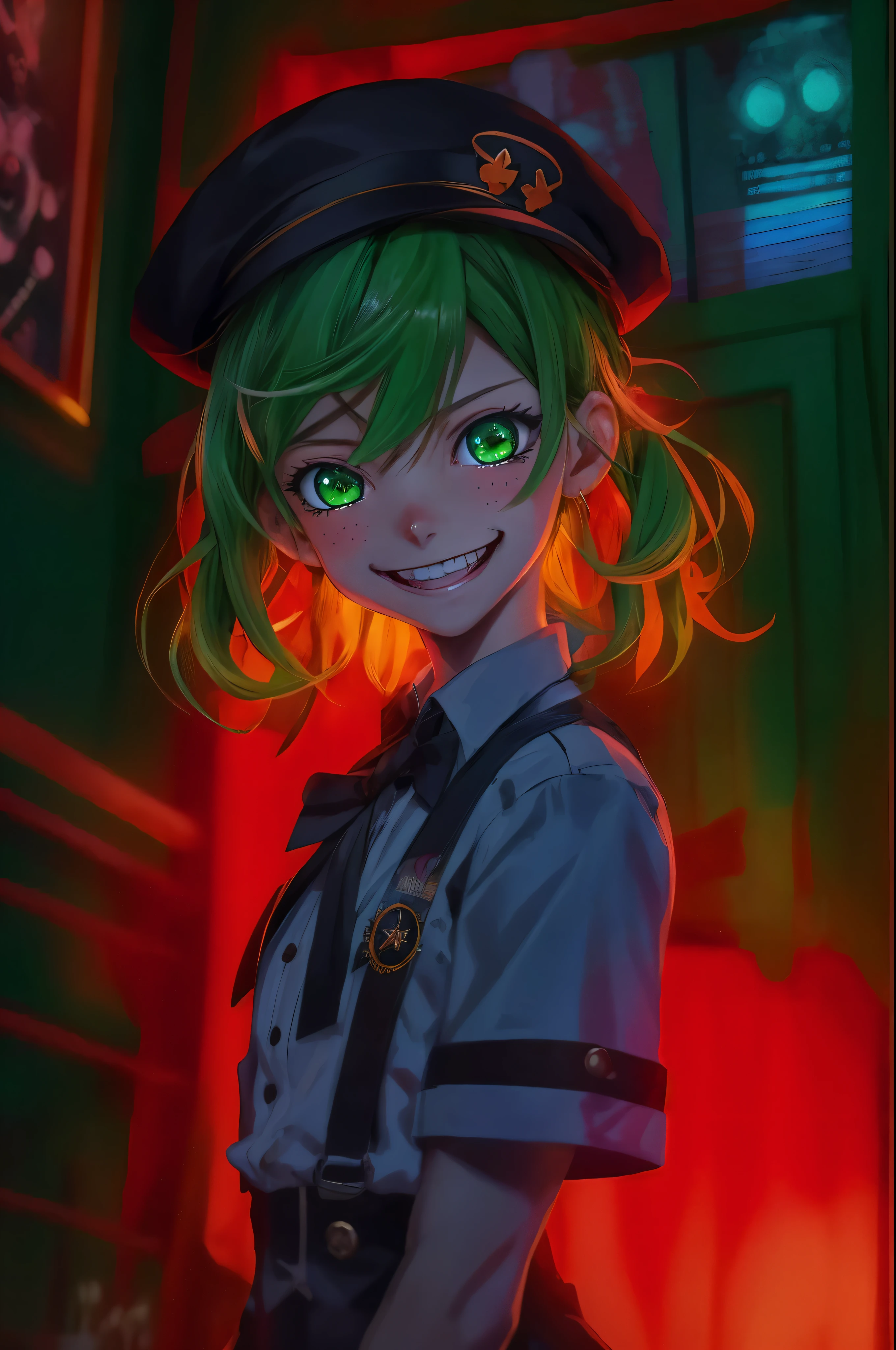 Anime girl with green eyes and a hat in a dark room., sonrisa malvada y ojos brillantes, con ojos rojos brillantes, con ojos brillantes, con ojos rojos brillantes, arte digital de danganronpa, sonrisa espeluznante, sonrisa malvada, [[[[sonriendo malvadamente]]]], El mejor fondo de pantalla de anime 4k konachan, ojos rojos brillando, sonrisa malvada,UHD