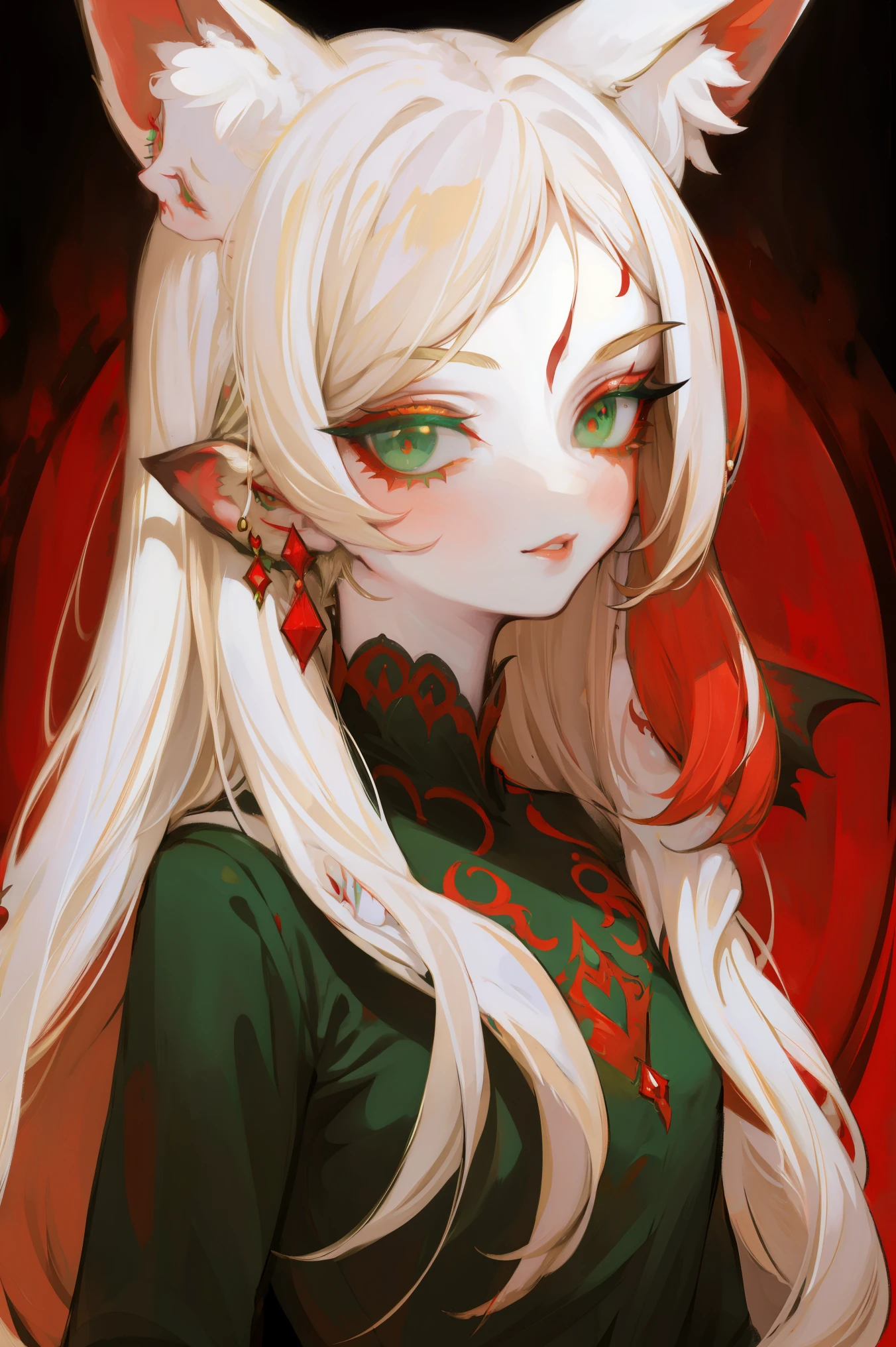 Upper body standing painting, sweetheart, solo, pale-skinned, (Fox ears), Elaborate Eyes, detail in face, Green-eyed, Red Eyeshadow, lips in red, black magic dress, awas, pervert smirk, tmasterpiece, high high quality, minimum, Tiny,