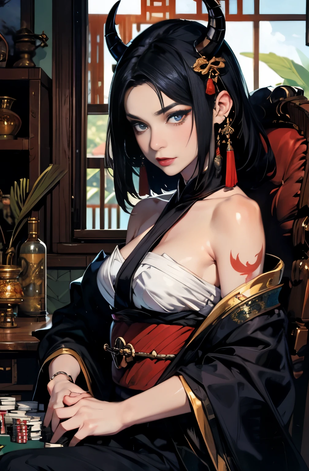 beautiful demon painting, demon woman with a sword, demon woman with a sword, strong female samurai, 2book corner, mouth with fangs, Eyes without pupils, gambling, Kumatori, Hyakka Ryōran, Flower of Shura, Looks like he's in his late 20s, beautiful black haired demon, sharp beauty, Beautiful red kimono, Oiran, highest ranking woman, Ghost Girl, Female Yakuza, Doji Ibaraki, Shuten Douji, Inspired by Chen Yifei, Inspired by Francesco Hayez, Inspired by Hendrik Terbruggen, Jean=Works that influenced Auguste Dominique Ingres, Inspired by Liu Jun, Jean=Works that influenced Auguste Dominique Ingres, highest quality, perfect angle, perfect composition, The perfect subject, best shot, official art, cinematic light, figurative art, Beautiful and expressive paintings, Beautiful artwork illustration, wonderful, cool beauty, clear, Mysterious, highest quality, official art, perfect composition, perfect angle, best shot, women only, sharp outline, pretty much beautiful face, The demon lurking in the darkness of Kyoto, Lord of Chimi-Mourou, A ruthless demon woman, demon queen, Female Yakuza, full body tattoo, wide, Rashomon, SakuraFubuki, Please refrain from, I'll let you die, raid, Located in Oryu, female rakshasa