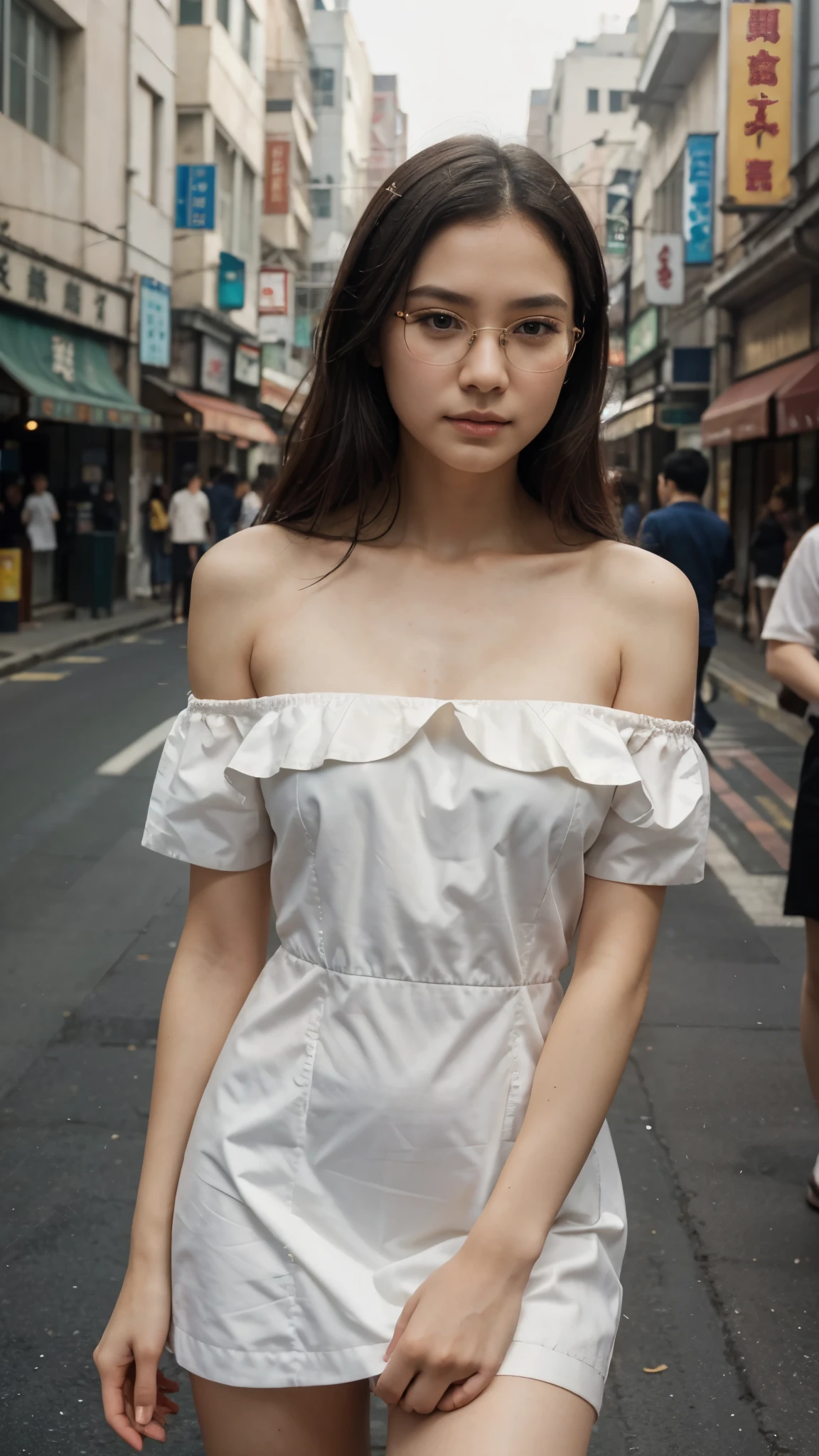 best quality, super detailed, golden ratio, masterpiece:1.2), Theater lighting:0.7, photo of a woman, Wearing a very elegant off-shoulder dress, perfect face, (highly refined skin), black hair, cover mouth with hand、tease, texture, pale skin, shiny skin, (thin, large size:1.2), [:(sharp and focused face, perfect eyes:1.2):0.2], lifelike, film grain, Take a step forward、looking up from below、look at camera、The focus is on the shoulders, focus on face、、Glasses、Raise the corners of your mouth when you smile、disdainful expression, summer haze, pastel colors, Soft warm colors, Photo 普通的 走On the streets of Chunxi Road 普通的, (On the streets of Chunxi Road) looks very cautious, Standing in the spotlight gathering dust clouds, key light, backlight, soft natural light, 摄影 film grain ISO 400 30 mm 镜头 RAW f1.8 aperture, Very detailed (analog photography:1), Color Human Development Report