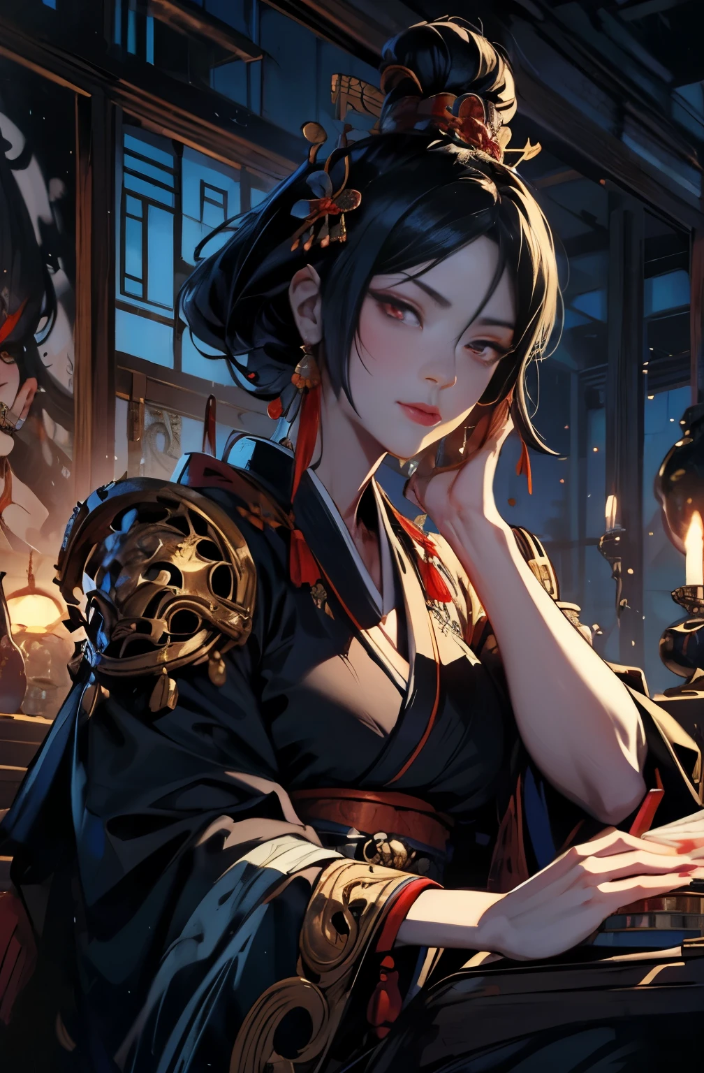 beautiful demon painting, demon woman with a sword, demon woman with a sword, strong female samurai, 2book corner, mouth with fangs, Eyes without pupils, gambling, Kumatori, Hyakka Ryōran, Flower of Shura, Looks like he's in his late 20s, beautiful black haired demon, sharp beauty, Beautiful red kimono, Oiran, highest ranking woman, Ghost Girl, Female Yakuza, Doji Ibaraki, Shuten Douji, Inspired by Chen Yifei, Inspired by Francesco Hayez, Inspired by Hendrik Terbruggen, Jean=Works that influenced Auguste Dominique Ingres, Inspired by Liu Jun, Jean=Works that influenced Auguste Dominique Ingres, highest quality, perfect angle, perfect composition, The perfect subject, best shot, official art, cinematic light, figurative art, Beautiful and expressive paintings, Beautiful artwork illustration, wonderful, cool beauty, clear, Mysterious, highest quality, official art, perfect composition, perfect angle, best shot, women only, sharp outline, pretty much beautiful face, The demon lurking in the darkness of Kyoto, Lord of Chimi-Mourou, A ruthless demon woman, demon queen, Female Yakuza, full body tattoo, wide, Rashomon, SakuraFubuki, Please refrain from, I'll let you die, raid, Located in Oryu, Shura Road, demon gambler, iron fire scene
