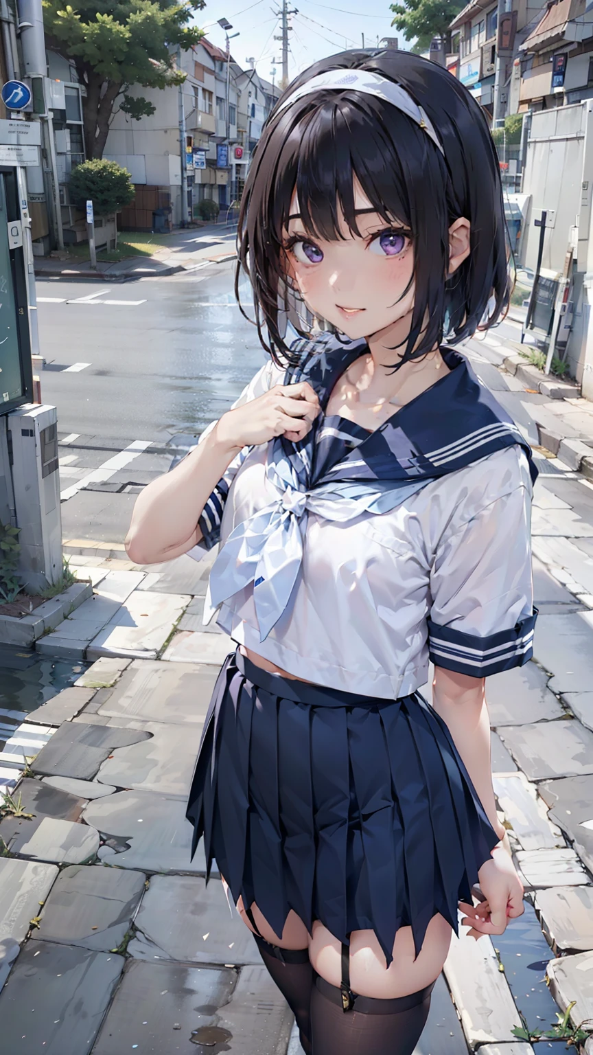 sailor suit, one woman, (a beauty woman, delicate :1.3), black hair, bob cut, Bangs Patsun, 8K, highest quality, masterpiece, Super detailed, ultra high resolution, realistic, RAW photo, absolute resolution, small face compared to body (4:1), very small face (4:1), The face is balanced, black hair, sailor suit, Dark blue skirt, realistic女子高生, ((white headband)), small breasts, tall, slanted eyes, purple eyes, (In front of the school gate), (black stockings), open your mouth, smile, position looking down from above, stand, hold a bag with both hands, 