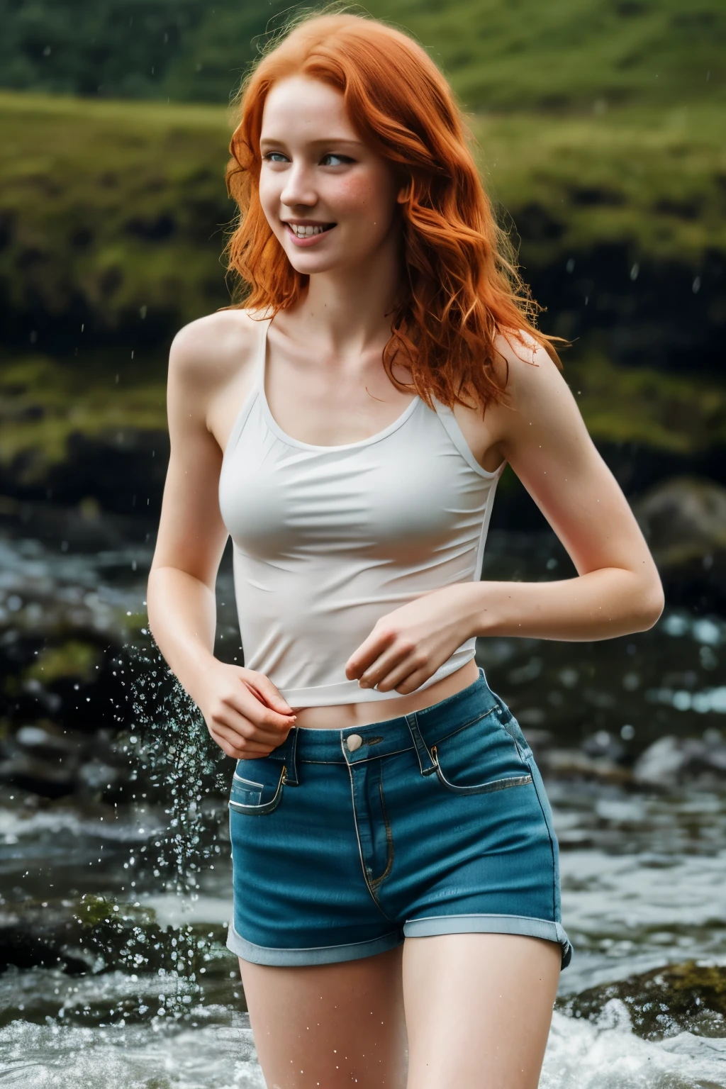 1girl in, age19, Solo, Aesthetic artwork, irish redhead, wavy ginger hair, shoulder length ginger hair, gray eyes, light grey eyes, some small freckles, pale skin, A-cup, small breasts, rough skin,runners body, (textured skin, skin pores:1.1), (moles:0.8), imperfect skin, goosebumps, raining, waterfall, wet skin, water droplets on skin, wearing a wet shirt, and wet shorts having fun,(extremely detailed 8k wallpaper) ,soft lighting, high quality, film grain, Fujifilm XT3 sharp focus, f 5.6, 24mm, High Detail, Sharp focus,(natural light), crazy details, complex details, hyperdetailed, seen from far, with a sweet smile, innocent smile, having fun, seen from far , from head to toe