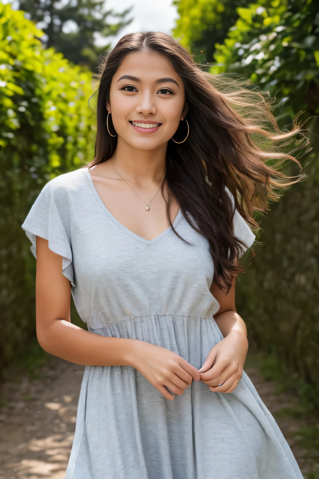 Continuous RAW photos, Photo of 16 years old, Happy, whole body, open air, Wearing a gray dress and white sneakers, jumping, cloudy, detailed face, detailed background , Natural light, HDR, realistic pictures, professional photos, Flirting with viewers, Visual Sexy, realistic, Linda, natural skin, 8K UHD, high quality, film grain, Fujifilm XT3