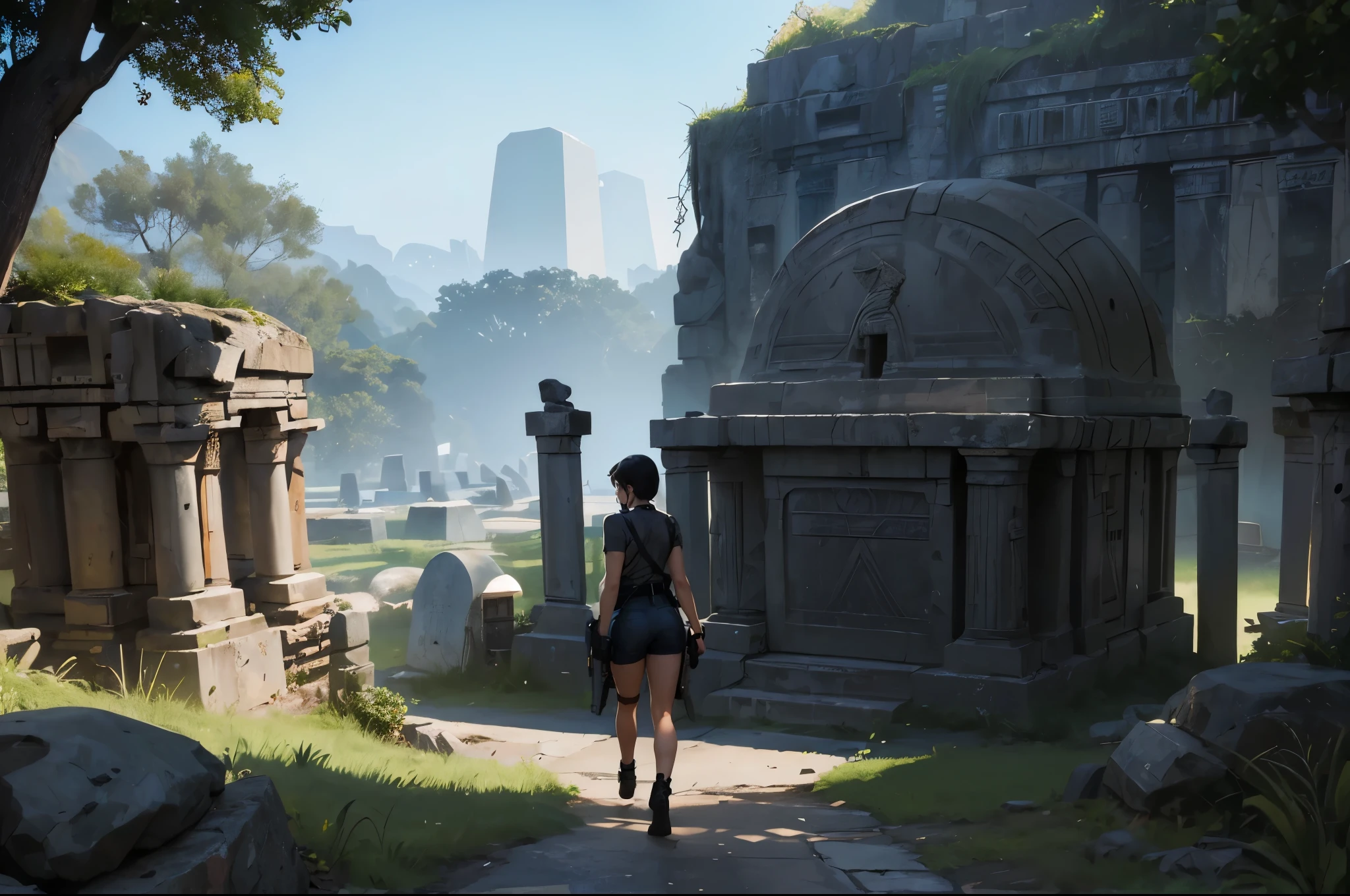 (((Ancient tomb landscape))), a beautiful young explorer girl walks in the distance, ((wears Jill Valentine))