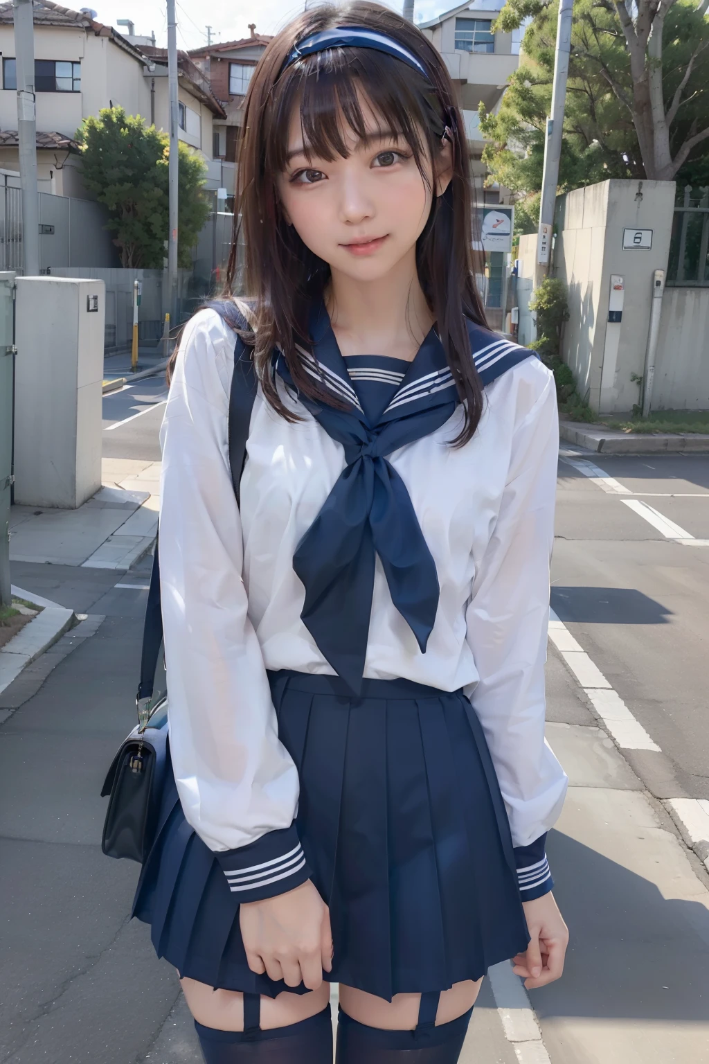 sailor suit, one woman, (a beauty woman, delicate :1.3), black hair, semi straight hair, Bangs Patsun, 8K, highest quality, masterpiece, Super detailed, ultra high resolution, realistic, RAW photo, absolute resolution, small face compared to body (4:1), very small face (4:1), The face is balanced, black hair, navy blue sailor uniform, Dark blue skirt, High school girl in sailor suit, realistic女子高生, ((white headband)), small breasts, tall, slanted eyes, light blue eyes, (In front of the school gate), (black stockings), open your mouth, smile,