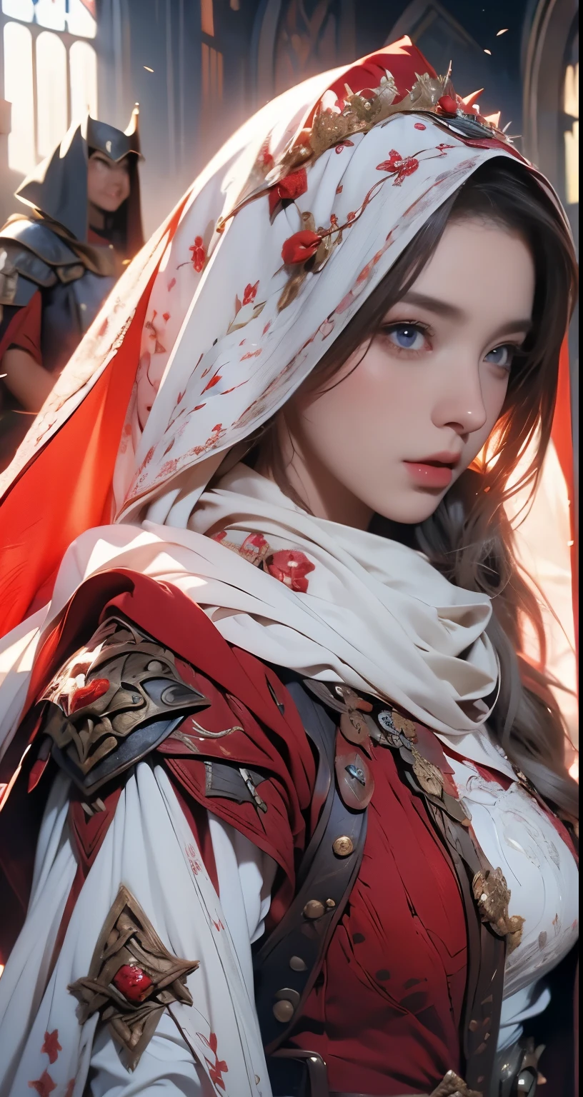 wearing a hijab , around 17 years old, (red hijab), tmasterpiece,Best quality at best,A high resolution,8K,((Portrait)),(upper body),Original photo,real photograph,digital photography,(Female princess in the medieval fantasy style),(Medieval princess in fantasy style), sexy princess ,blue eye, super huge brest,,An extravagant ornament,cparted lips,Keep your mouth shuegant and charming,((Blushing)),naughty contempt,Calm and handsome,(Medieval fantasy dress,The Beautiful super huge round breast,transparant dress, small waist, perfect body, a red delicate pattern,white Cloak),(princess),medieval characters,medieval fantasy style,oc render reflection texture, sexy style, sexy breast , medieval war background
