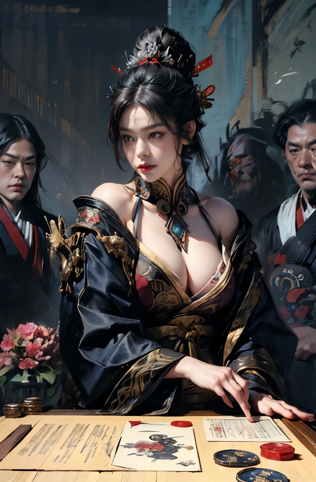 beautiful demon painting, knife剣を携えた鬼の女, knife, 妖knife, knife, strong female samurai, ２book corner, mouth with fangs, Eyes without pupils, gambling, Kumatori, Hyakka Ryōran, Flower of Shura, Looks like he&#39;s in his late 20s, beautiful black haired demon, sharp beauty, Beautiful red kimono, Oiran, highest ranking woman, Ghost Girl, Female Yakuza, Doji Ibaraki, Shuten Douji, Inspired by Chen Yifei, Inspired by Francesco Hayez, Inspired by Hendrik Terbruggen, Jean＝Works that influenced Auguste Dominique Ingres, Inspired by Liu Jun, Jean＝Works that influenced Auguste Dominique Ingres, highest quality, perfect angle, perfect composition, The perfect subject, best shot, official art, cinematic light, figurative art, Beautiful and expressive paintings, Beautiful artwork illustration, wonderful, cool beauty, clear, Mysterious, highest quality, official art, perfect composition, perfect angle, best shot, women only, sharp outline, pretty much beautiful face, The demon lurking in the darkness of Kyoto, Lord of Chimi-Mourou, A ruthless demon woman, demon queen, Female Yakuza, full body tattoo, Danbilla, 妖knife, wide, Rashomon, SakuraFubuki, Please refrain from, I&#39;ll let you die, raid, Located in Oryu