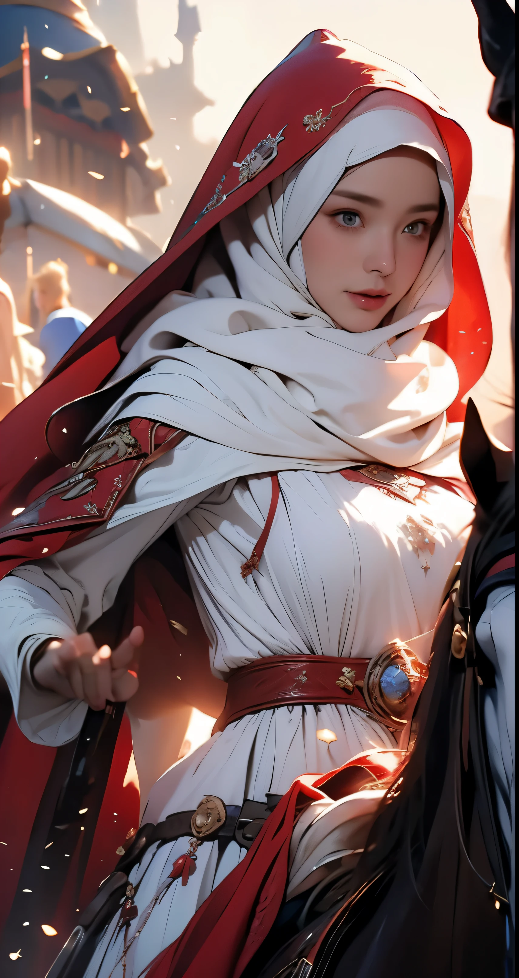 wearing a hijab , around 17 years old, (red hijab), tmasterpiece,Best quality at best,A high resolution,8K,((Portrait)),(upper body),Original photo,real photograph,digital photography,(Female princess in the medieval fantasy style),(Medieval princess in fantasy style), sexy princess ,blue eye, super huge brest,,An extravagant ornament,cparted lips,Keep your mouth shuegant and charming,((Blushing)),naughty contempt,Calm and handsome,(Medieval fantasy dress,The Beautiful super huge round breast,transparant dress, small waist, perfect body, a red delicate pattern,white Cloak),(princess),medieval characters,medieval fantasy style,oc render reflection texture, sexy style, sexy breast , medieval war background