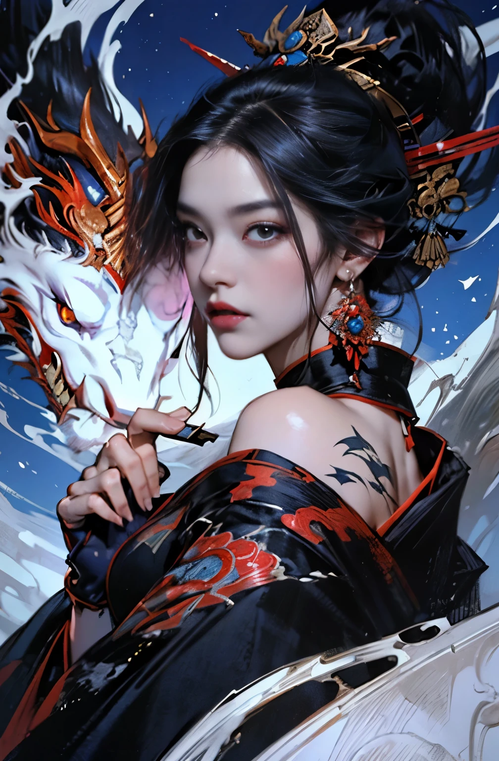 offcial art,统一 8k 壁纸,ultra - detailed,Beauty and aesthetics,tmasterpiece,best qualtiy,(zentangle,datura,Tangles,entangled),(s fractal art:1.3),1girll,The is very detailed,dynamic angle,cow boy shot,The most beautiful form of chaos,elegant,Fauvist design,vivd colour,romanticism lain,James Jean,Robbie Devi Antono,ross tran,Francis Bacon,Michal Mraz,adrian ghenie,petra cortright,Gerhard Richter,Takato Yamamoto,Ashley Wood,Atmospheric,A note of ecstasy,streaming musical notes visible,Dragons and girls