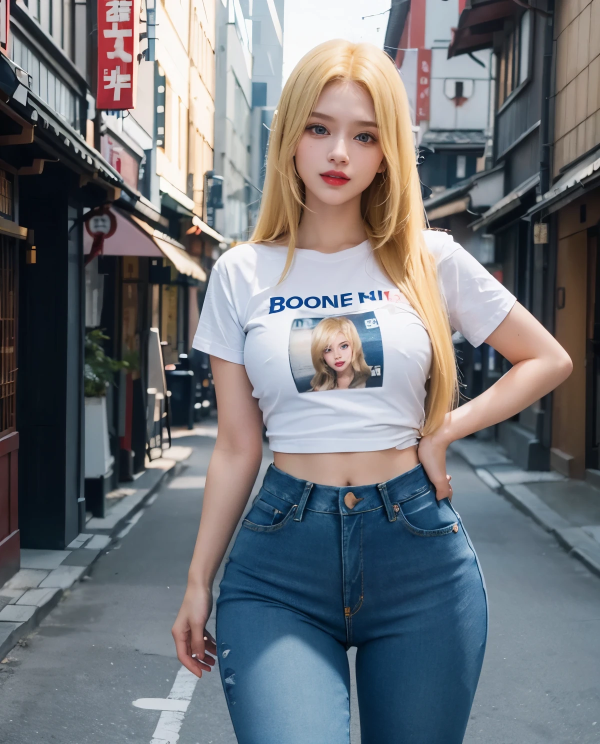 1girl, Blue eyes, (smile), (Sana Minatozaki), (tight t-shirt :1.3), (rip jeans :1.4), bright makeup, portrait, close-up, (wide hips :1.3), Big , (big ass), (Best Quality, 8k, Masterpiece: 1.3), perfect hands, Clear Focus: 1.2, Perfect Body Beauty: 1.4, Highly detailed face and skin texture, detailed eyes, double eyelids, red lips, (blonde long straight hair :1.3), (standing), (dynamic pose), in a japanese town