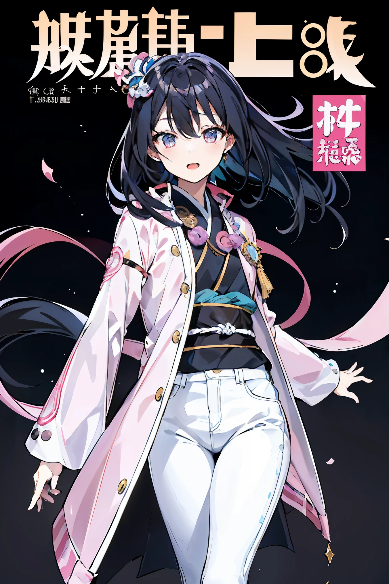 Maximalism artstyle、neon theme、悬浮font［［Ranqi］］suprerralistic、masterpiece，best quality，stills， High definition，1 girl，黑长的hair，Pink eyes，Pink long-sleeved coat，Short sleeves in white，Gray jeans，16 years old、Ultra-detailed、super quality、、Beautiful colors、hair、、1girlkawaii、、、high detail、high quality、backlight、、upper part of body、high quality、Game characters，pink eyes，pink jacket、white jean，upper part of body、white shirt，黑色background、长hair、1girl floating、、looking at the audience、put down your arms、黑色background、background、long black hair，long black hair，radial lighting、Abstract、[[一只眼睛上方的hair]]、gloomy
(Magazine:1.3), (cover type:1.3), woman, with vitality, posture, ahead, rich and colorful, Dynamic, background与, element, I am very confident, expressive,, statement, Surroundings, touch, on site, text, cover,grab attention, title, font, catchy, title, big deal, touching, modern, trend, focus, kind