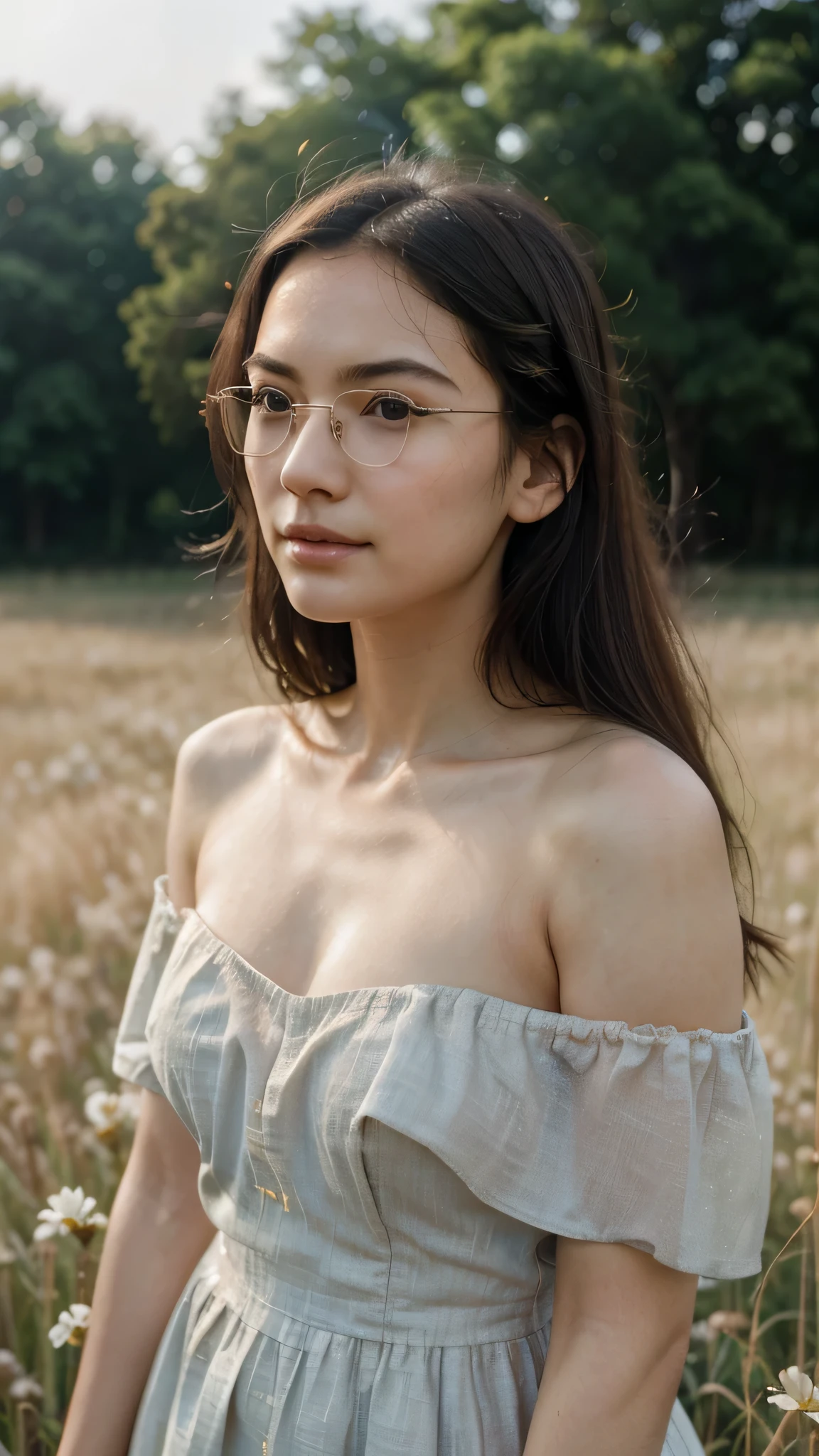best quality, super detailed, golden ratio, masterpiece:1.2), Theater lighting:0.7, photo of a woman, Wearing a very elegant off-shoulder dress, perfect face, (highly refined skin), black hair, cover mouth with hand、tease, texture, pale skin, shiny skin, (thin, large size:1.2), [:(sharp and focused face, perfect eyes:1.2):0.2], lifelike, film grain, Take a step forward、Look up from below、look at camera、The focus is on the shoulders, focus on face、、Glasses、Raise the corners of your mouth when you smile、disdainful expression, summer haze, pastel colors, Soft warm colors, Photos of ordinary grassland walks，Flowers blooming on the grassland. The front is very ordinary., Looks very unrestrained, Standing in the spotlight gathering dust clouds, key light, backlight, soft natural light, 摄影 film grain ISO 400 30 mm 镜头 RAW f1.8 aperture, Very detailed (analog photography:1), Color Human Development Report