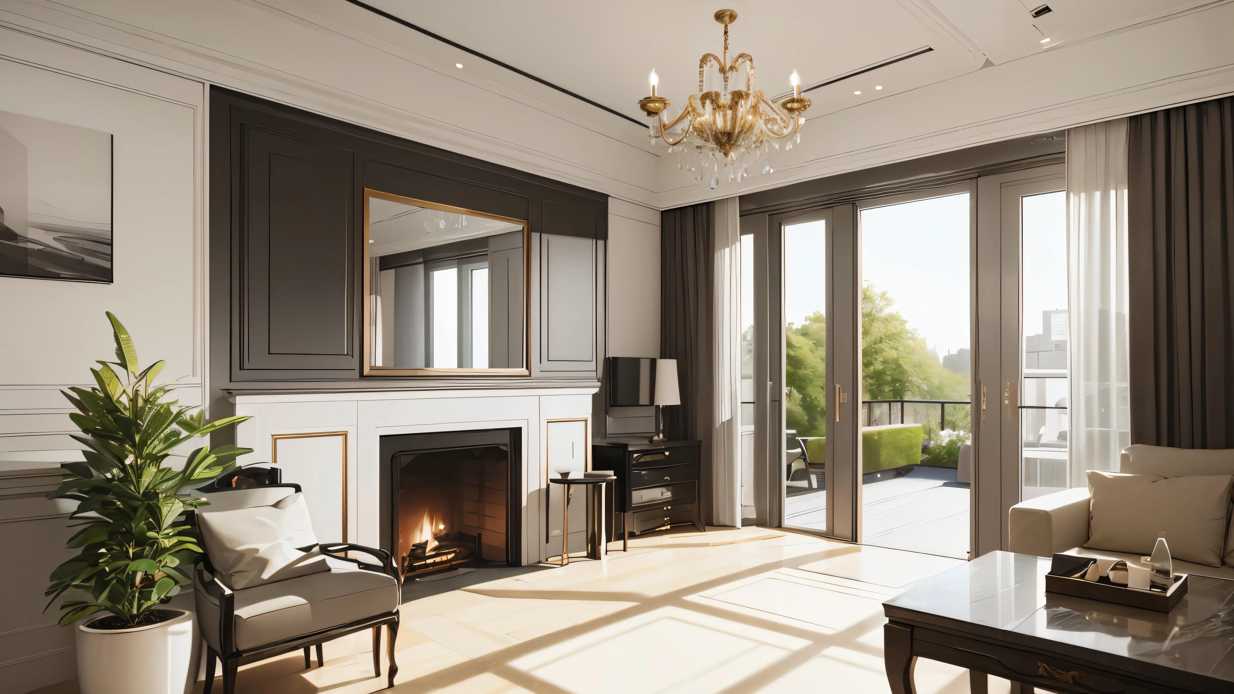 You are a famous interior designer、You have been asked to create a 3D image of a modern large room. Create a harmonious environment with modern and minimalist furniture. Including garden interior.