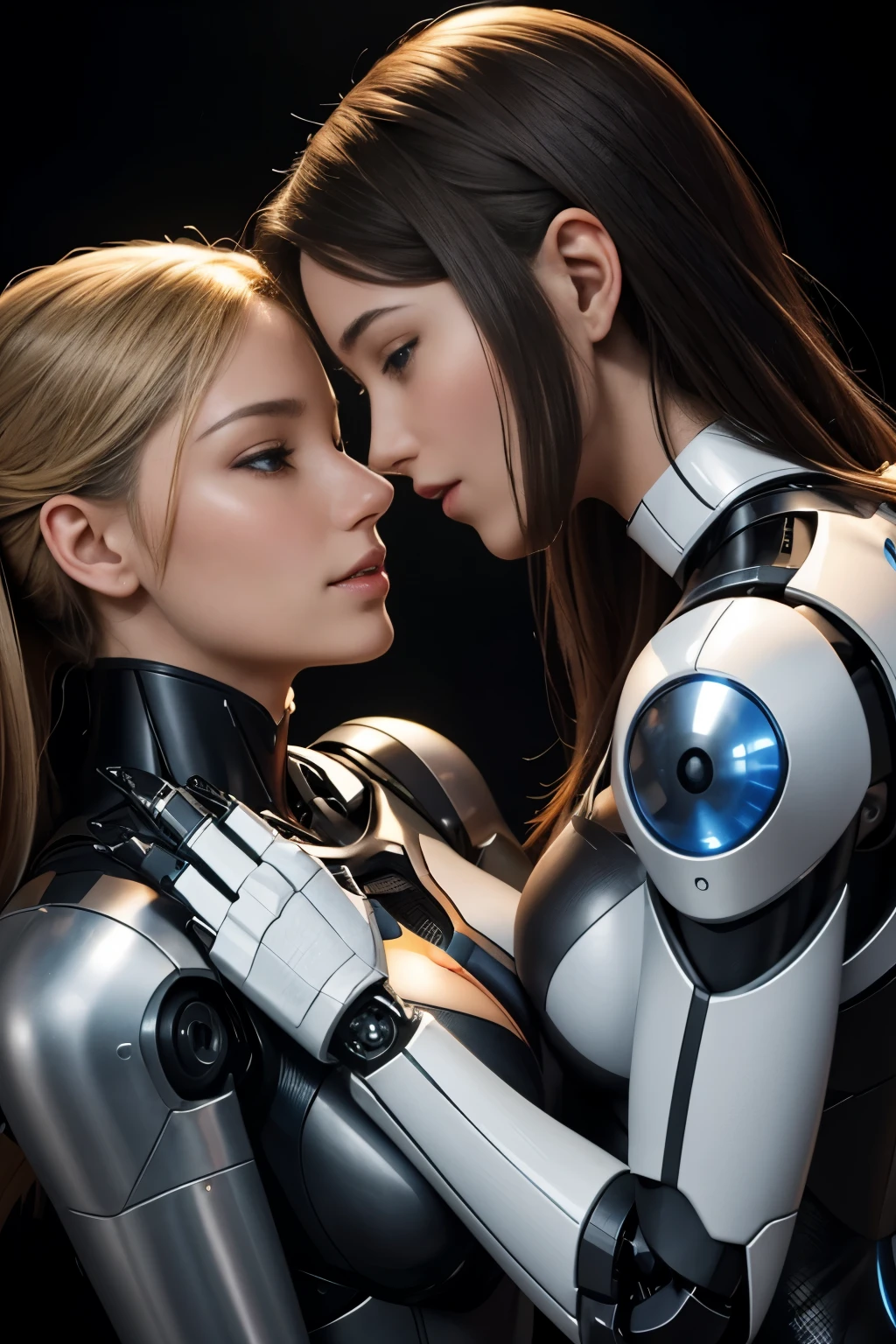 a beautiful human woman and a beautiful female robot, face to face, they caress each other