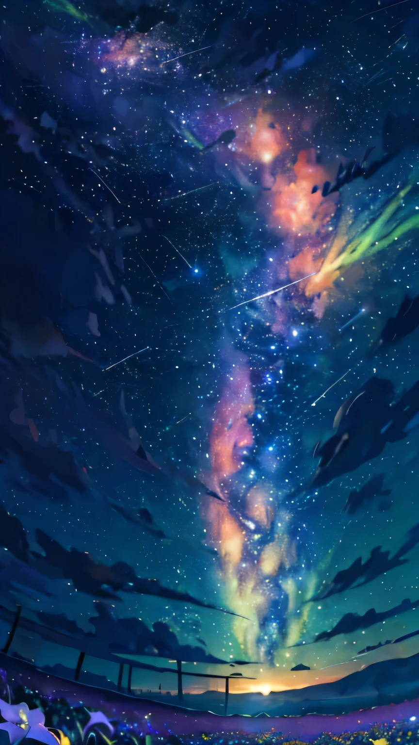 (zoomed out:1.1), (meteor shower:1.2), (comet:1.1), low angle, aroura borealis, shooting star, best quality, masterpiece, cloud, colorful, starry, stars, night, flower field, flower blossom, night sky, beautiful flowers, night theme,