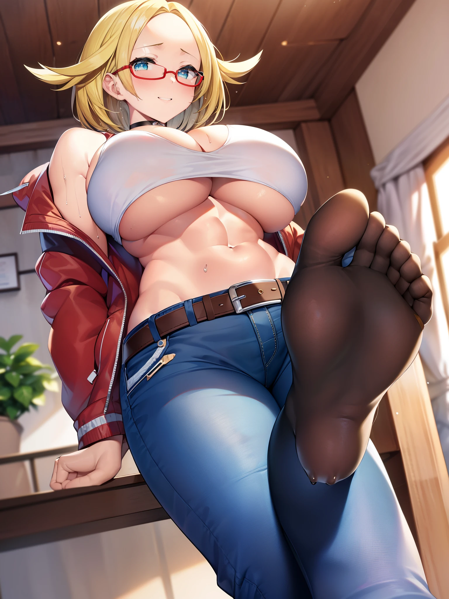 masterpiece、highest quality、crop top、denim shorts、thigh high socks、(blonde:1.3)、(Bianca:1.5)、red glasses、big breasts、short hair、beach、from below、underboob、muste piece++、highest quality++、超High definition++、超High definition++、4K++、8K++、(background focus)++、High definition、Viewer's perspective、on the road、(((立ち開foot、high kick、Leg Lift、Standing on one leg)foot))))++++、((1 milf))、((((High resolution))))++++、(((denim shorts)))++++、((((Underbob) ))))++++、((red jacket))+ +、((belt)) ++、((choker necklace))、(blonde)、(Super shiny hair and skin)、(sunlight) 、((beautiful))、(big breasts_body:1.5)、(big breasts:1.5)、Muscular girl with clearly visible abs and muscles、汗だくbody、cleavage、Uplifting、(Cleanly shaved abdominal muscles、muscular thighs)+、A lively smile、perfect eyes、perfect hands、perfect nose、magic battle dark、bright atmosphere、(wet effect)+、(Light Effects)、(cinematic light)+、(like a movie of light)+