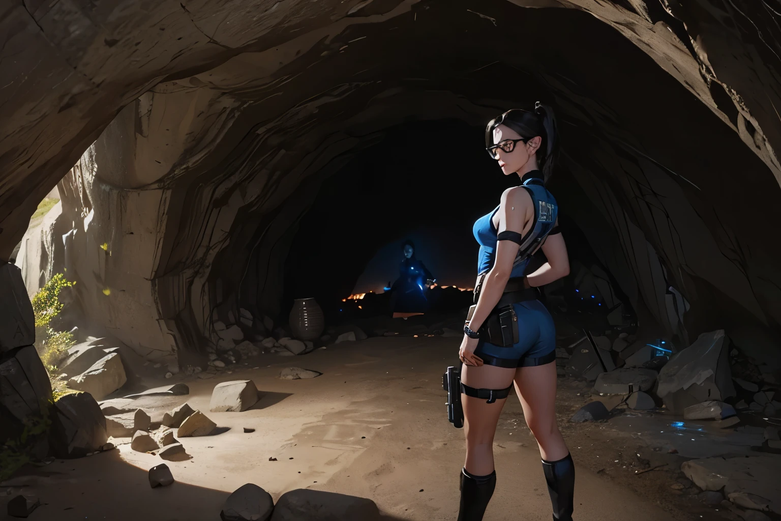 (((Ancient cave landscape))), a beautiful young explorer girl stood in the distance, ((wearing a Jill Valentine outfit)), long black hair tied in a ponytail, bangs, wearing glasses