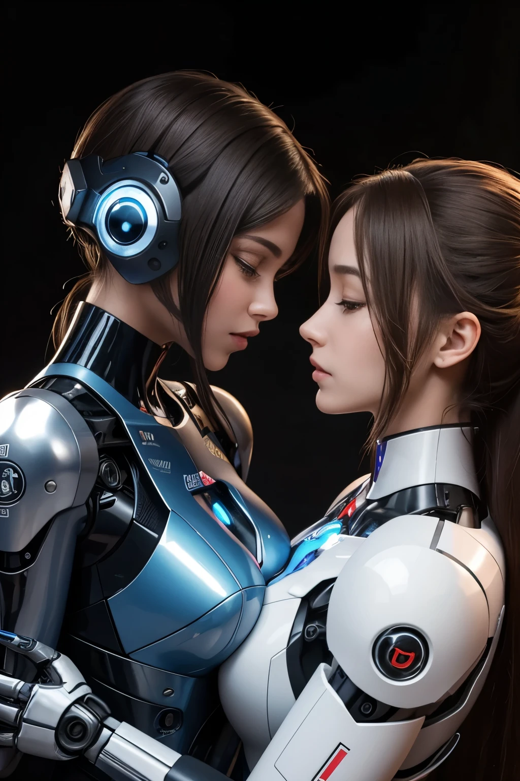 Masterpiece, Best Quality, Girls kissing , Slender, red Eyes, Hair Color, Iridescent, mech body, Long Hair Spreading, cyberpunk guns , White Skin, Medium, Cute, Sexy, Exposed Skin, Night, Psychedelic, Trip, Extreme Color, Paisley Theme, Legs, , Full Body